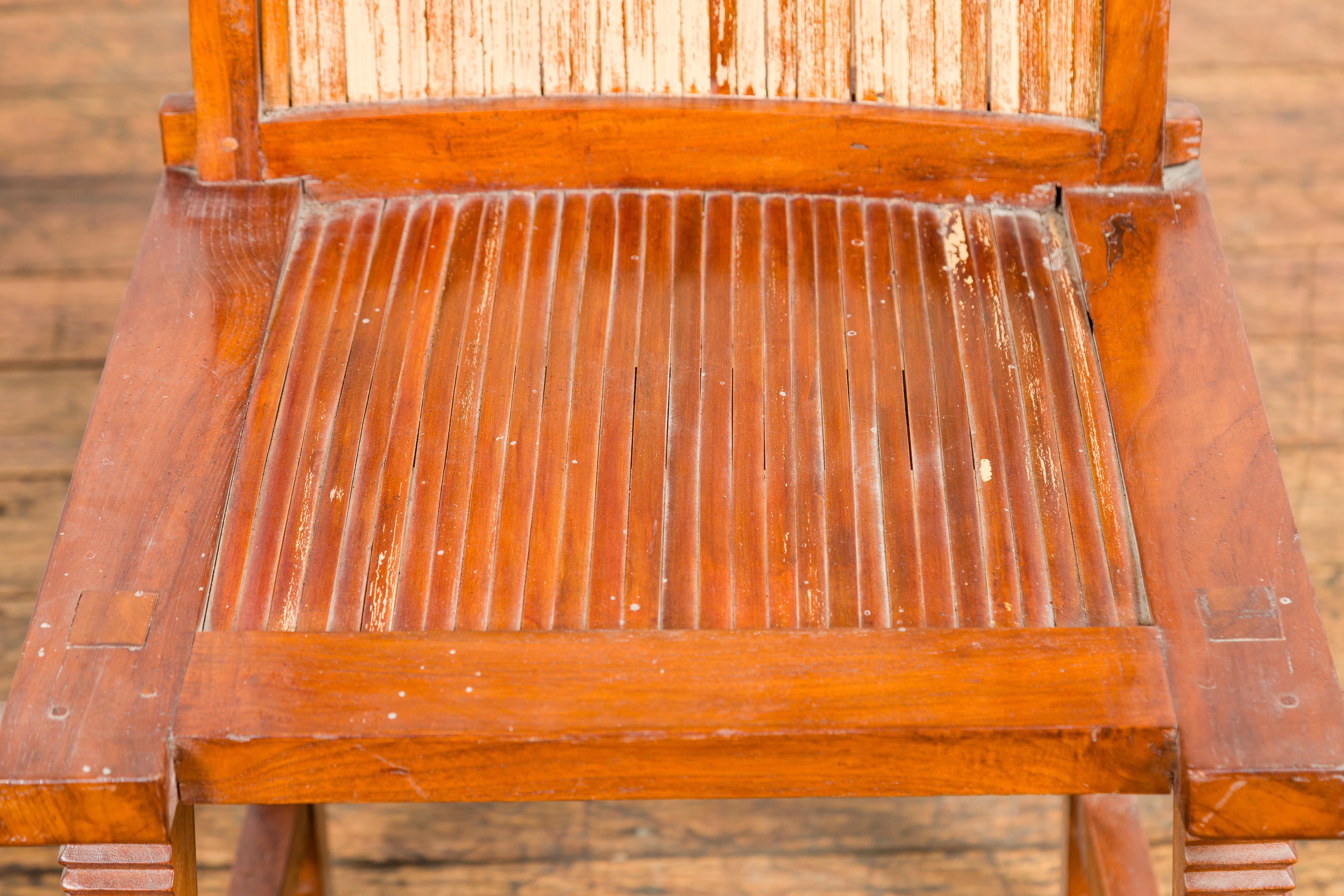 Indonesian Wooden Side Chairs with Bamboo Slats, Distressed Finish and Tapered Legs, a Pair For Sale