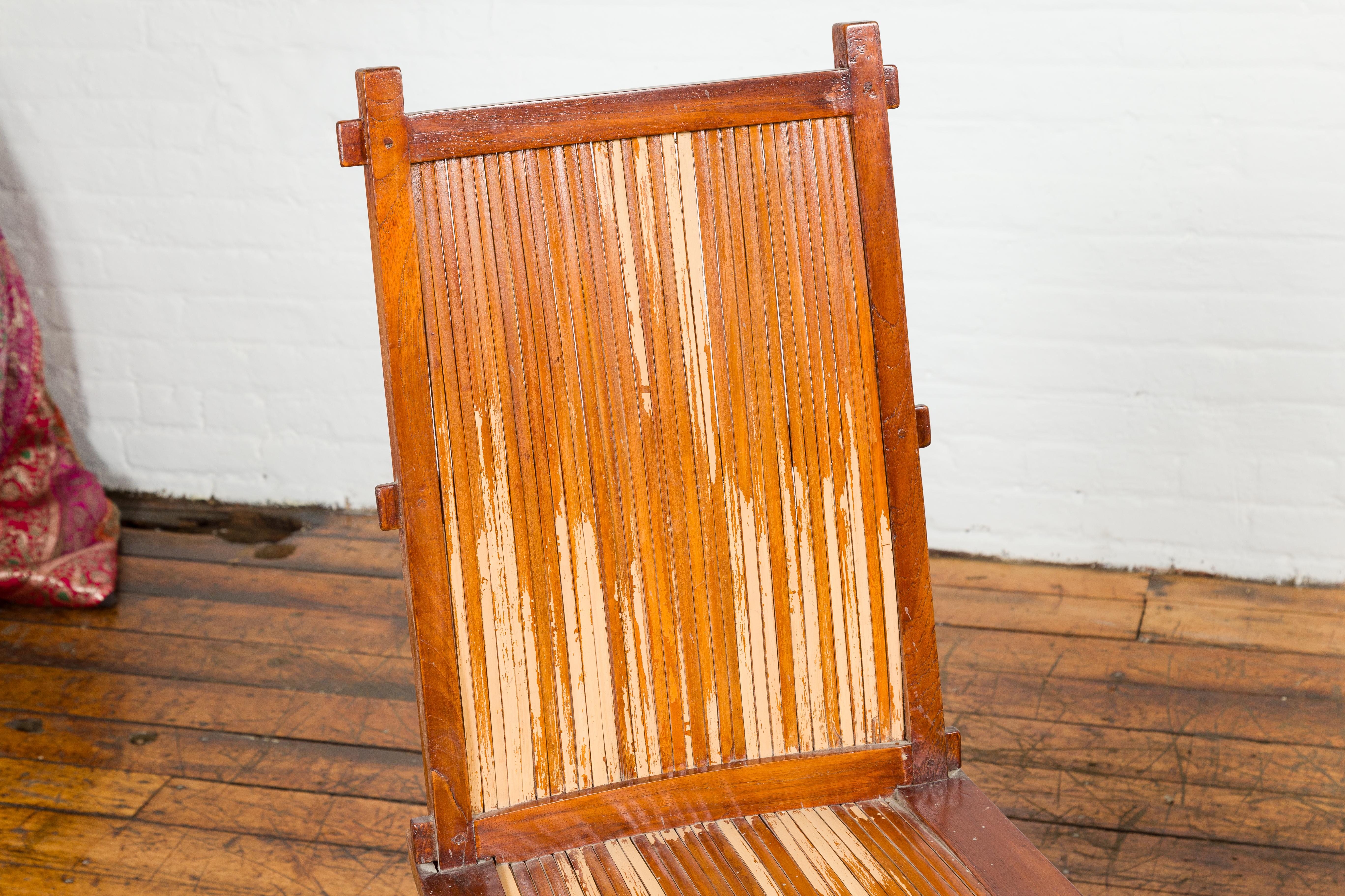 Carved Wooden Side Chairs with Bamboo Slats, Distressed Finish and Tapered Legs, a Pair For Sale