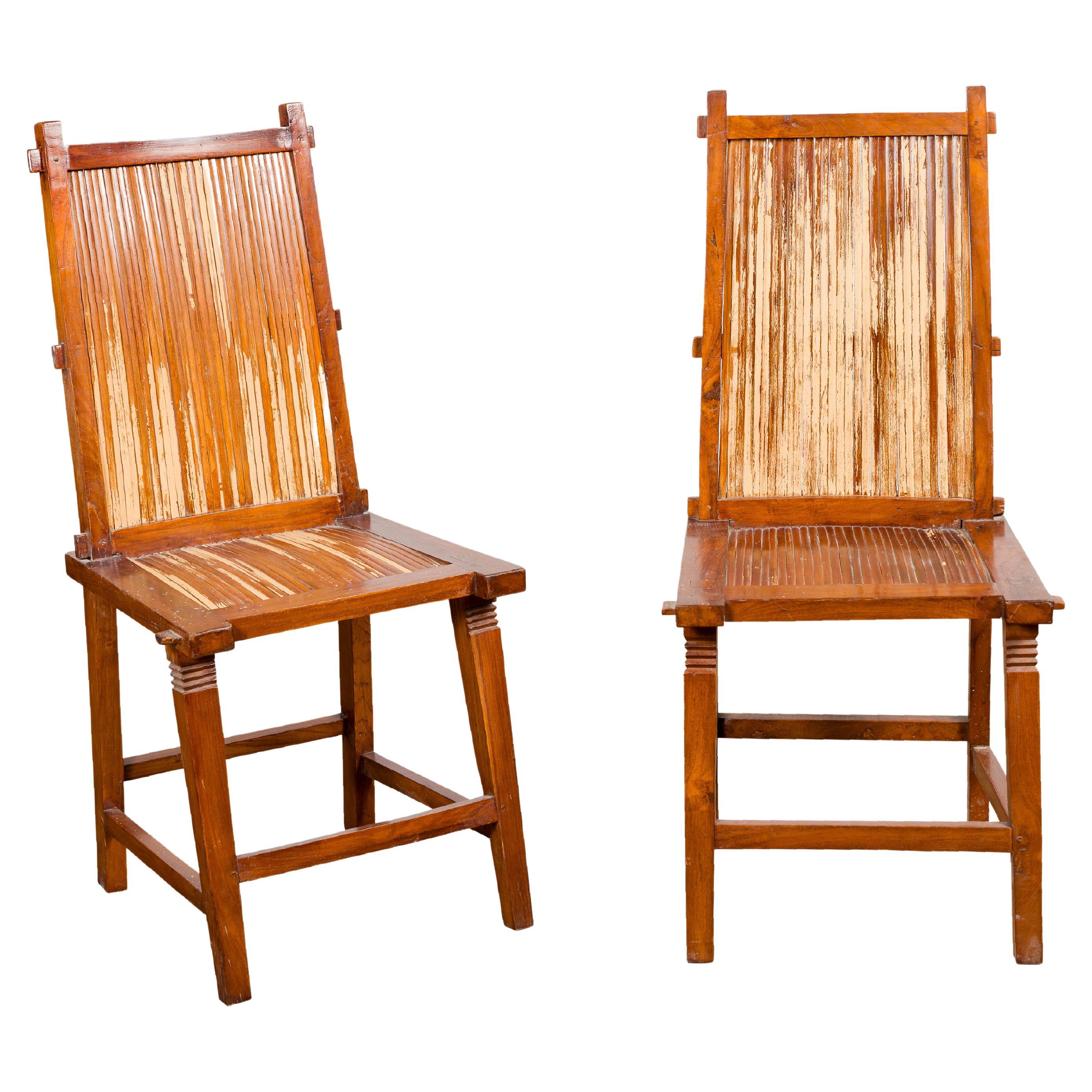 Wooden Side Chairs with Bamboo Slats, Distressed Finish and Tapered Legs, a Pair For Sale