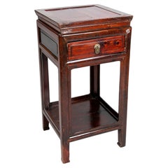 Used Wooden Side Table with Drawer and Inlaid Front