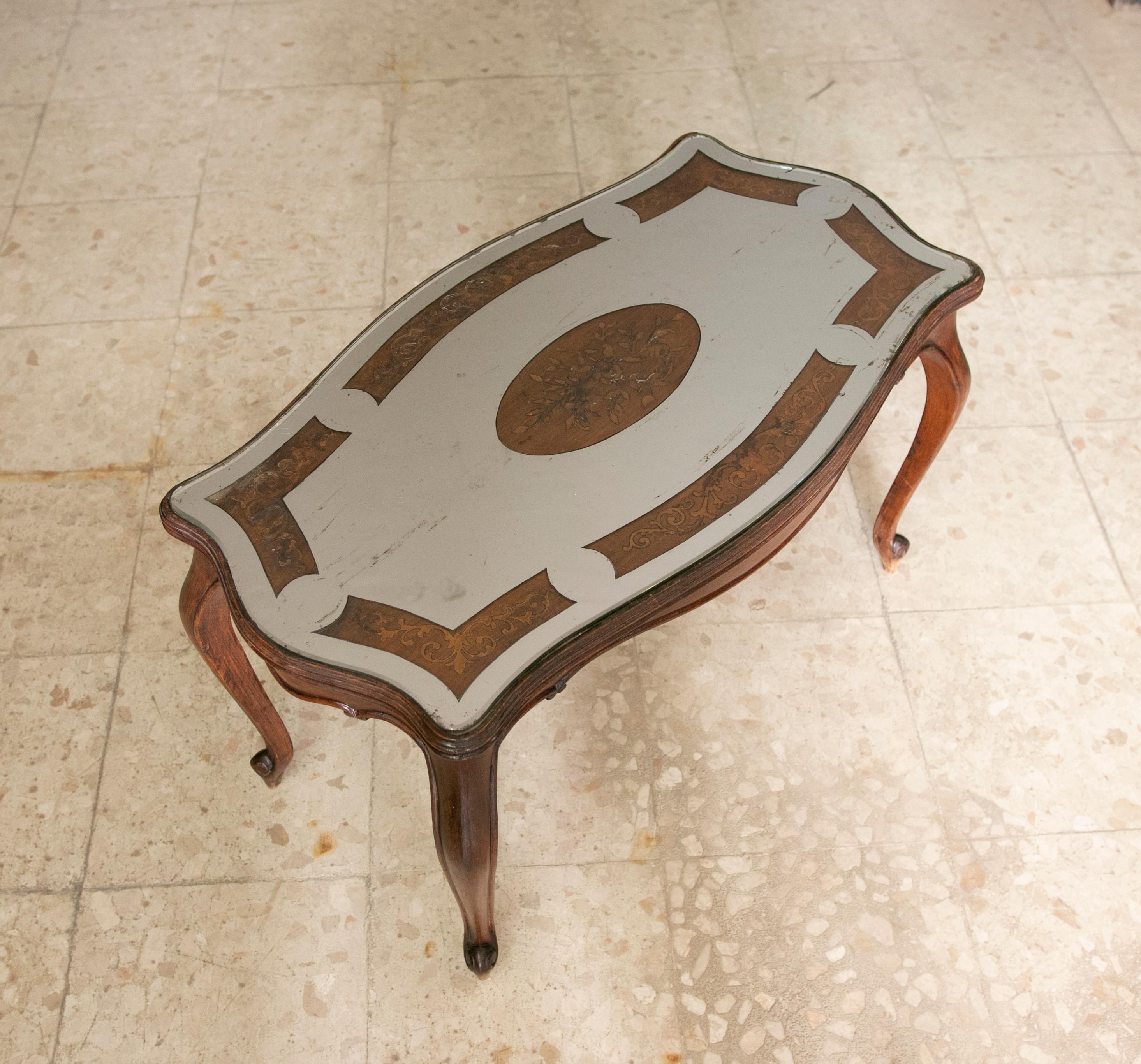 Wooden Side Table with Inlaid Top and Mirrored Top For Sale 9