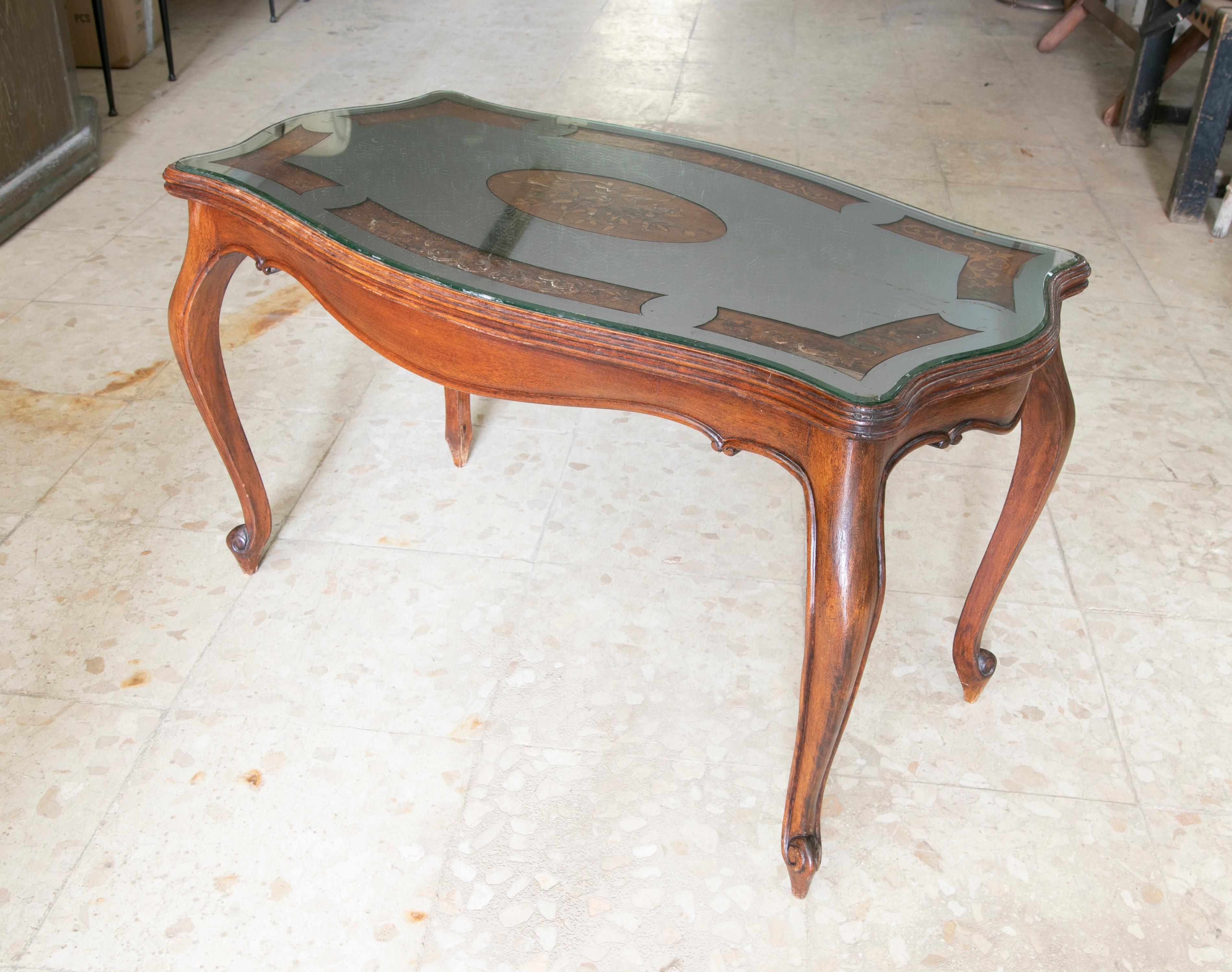 Spanish Wooden Side Table with Inlaid Top and Mirrored Top For Sale