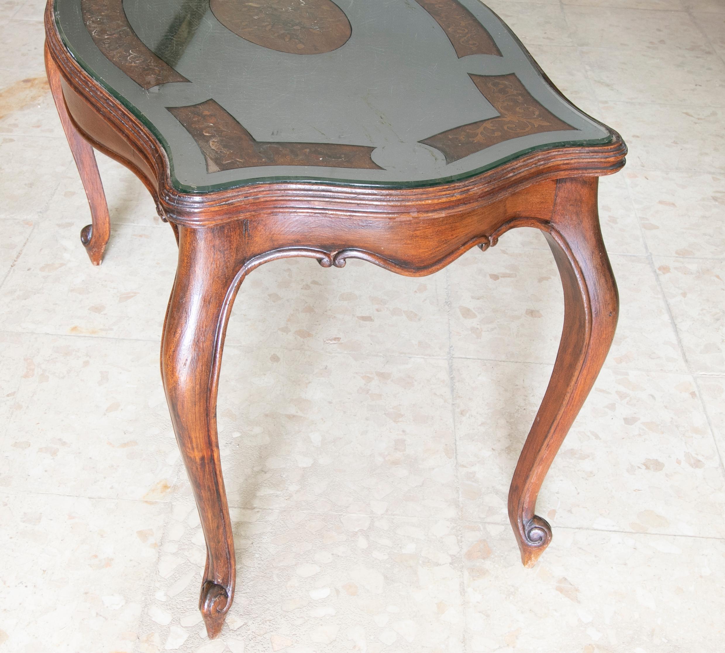Hand-Carved Wooden Side Table with Inlaid Top and Mirrored Top For Sale