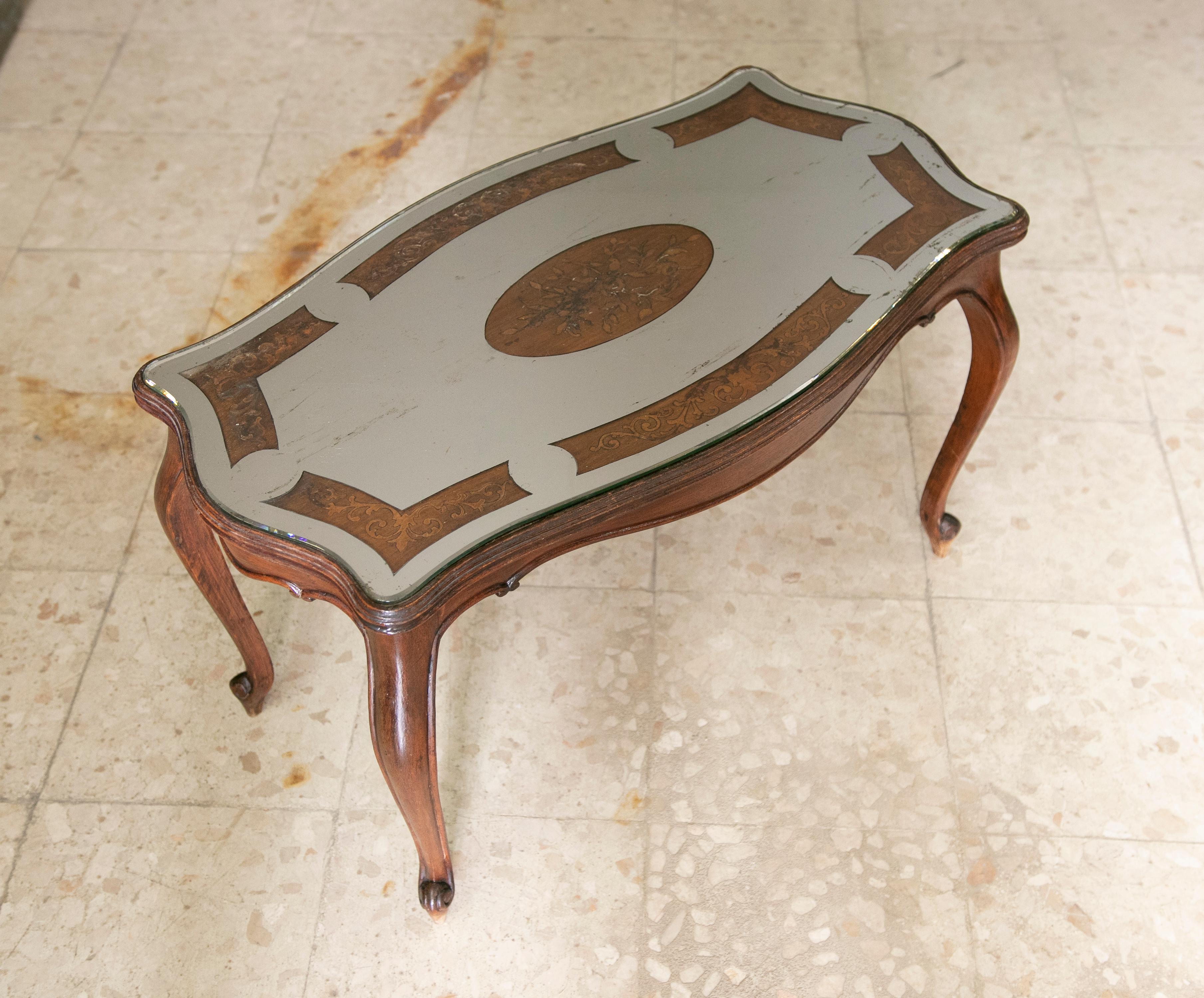 20th Century Wooden Side Table with Inlaid Top and Mirrored Top For Sale