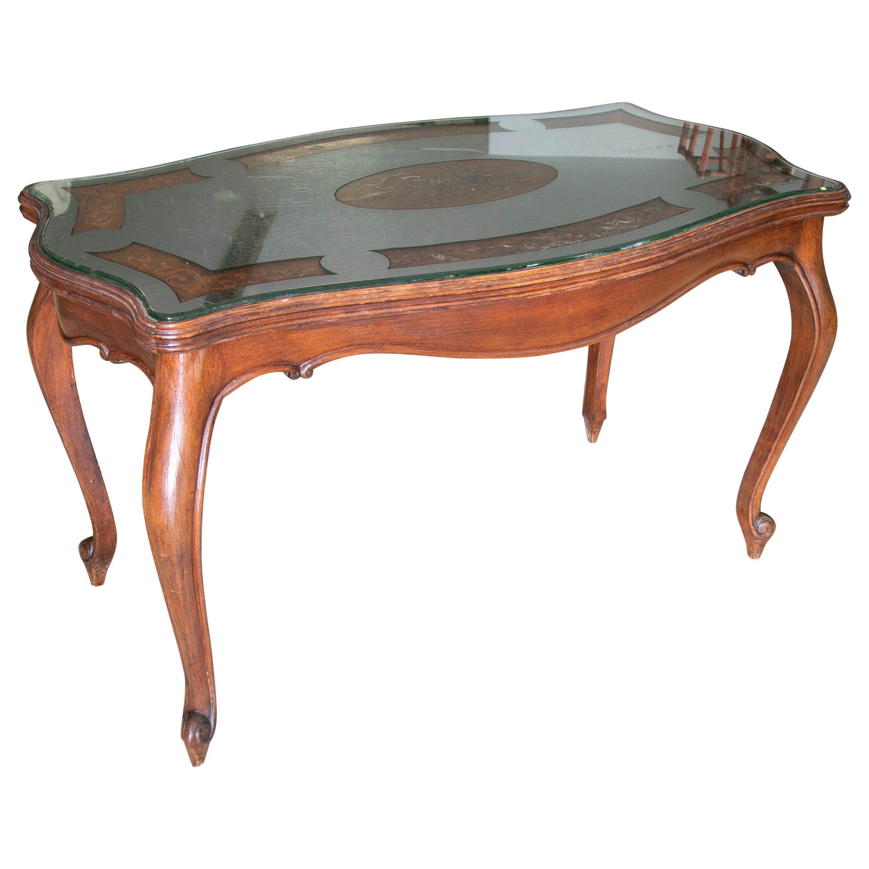 Mesa auxiliar de madera con tapa de marquetería y tapa de espejo
