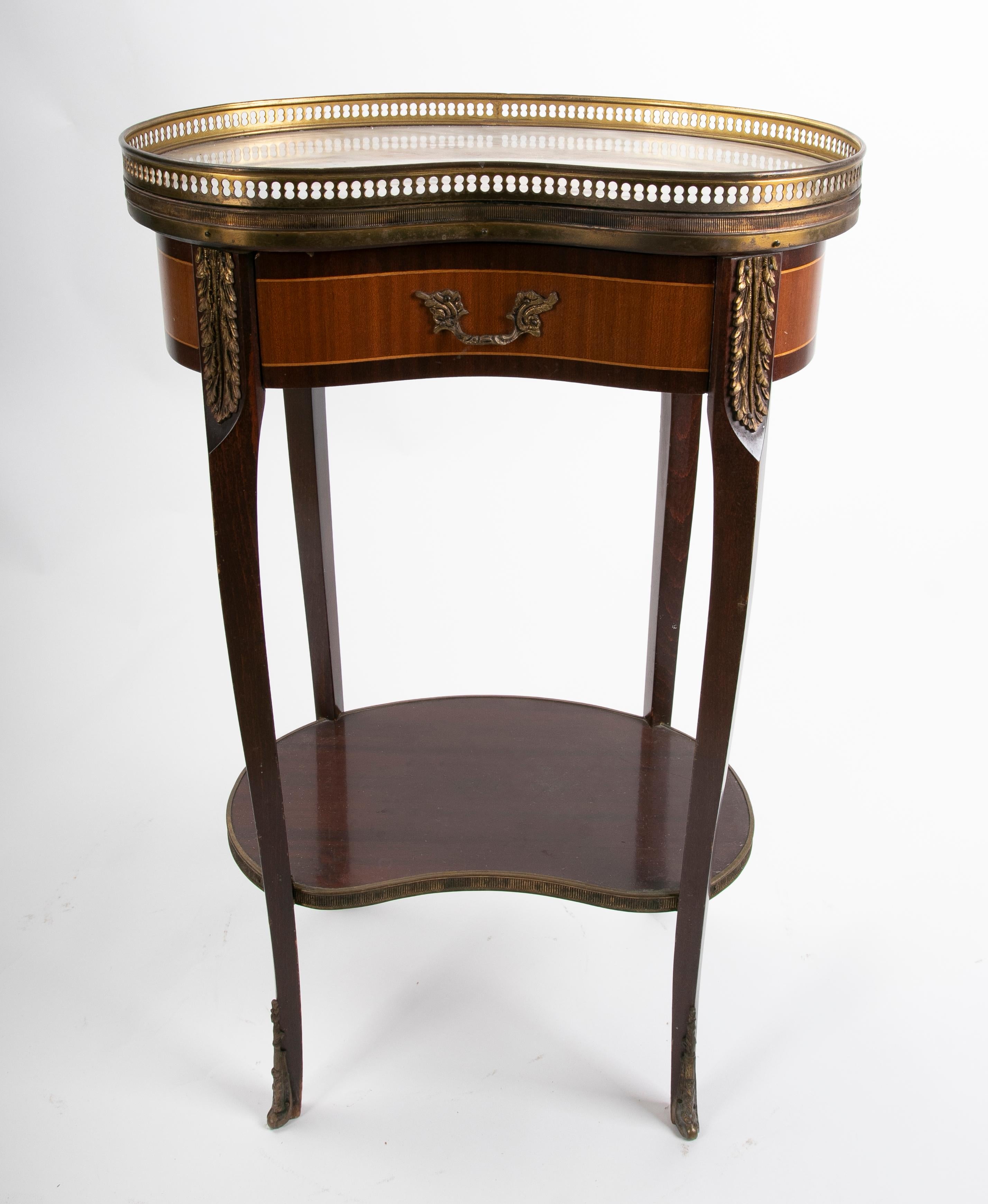 Wooden Side Table with Marble Top and Bronze Decorations.
