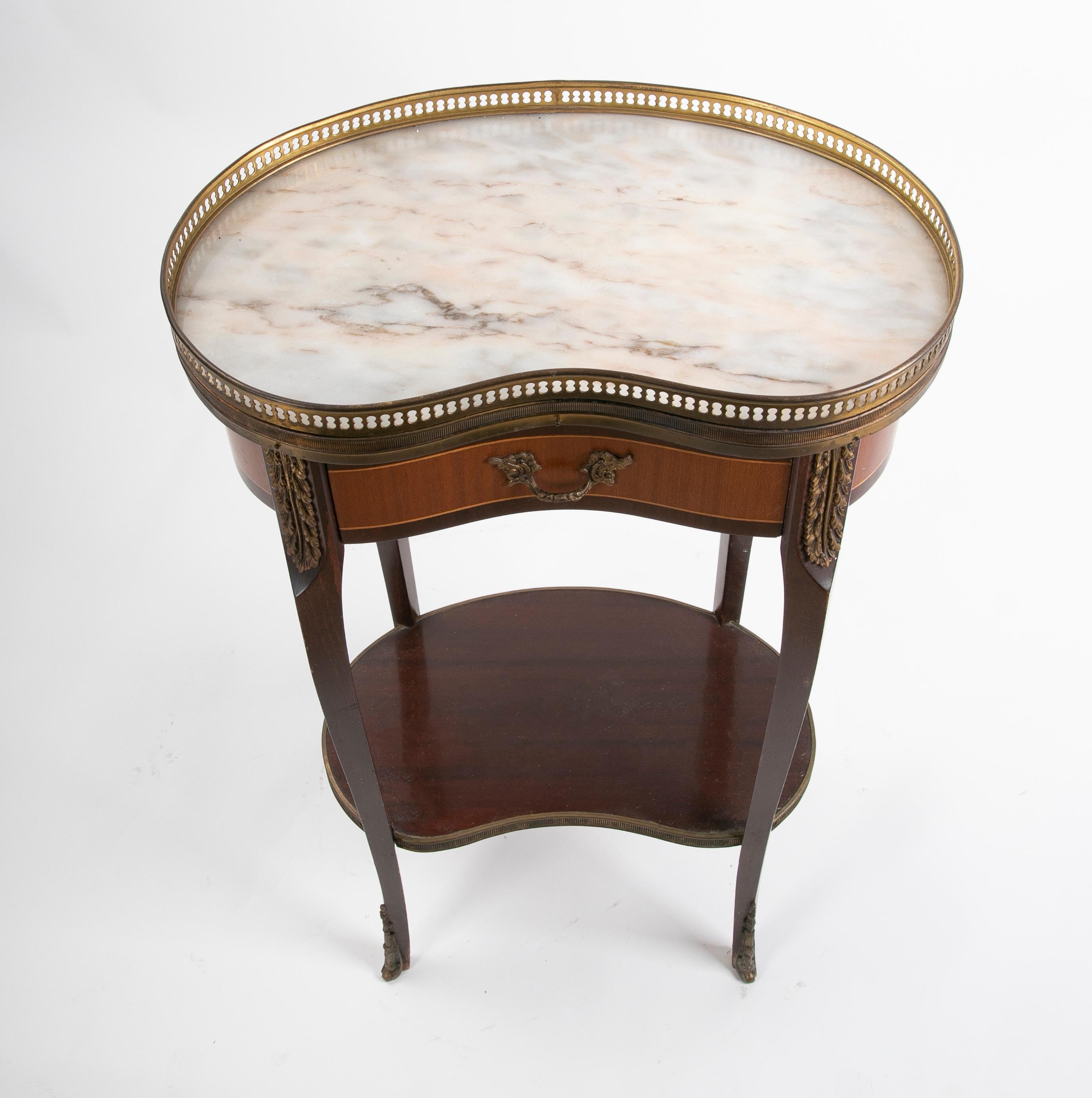 French Wooden Side Table with Marble Top and Bronze Decorations For Sale