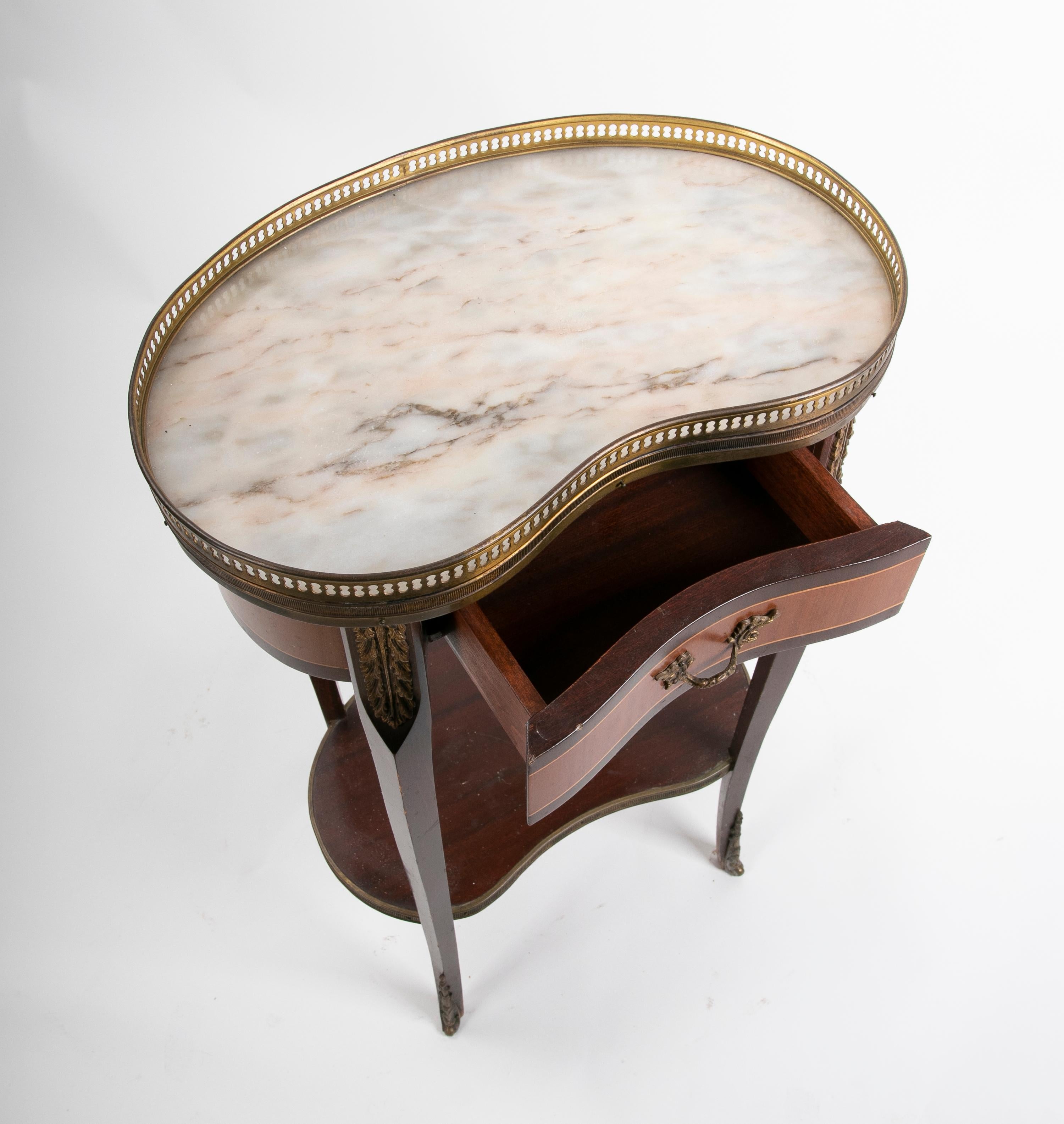 20th Century Wooden Side Table with Marble Top and Bronze Decorations For Sale