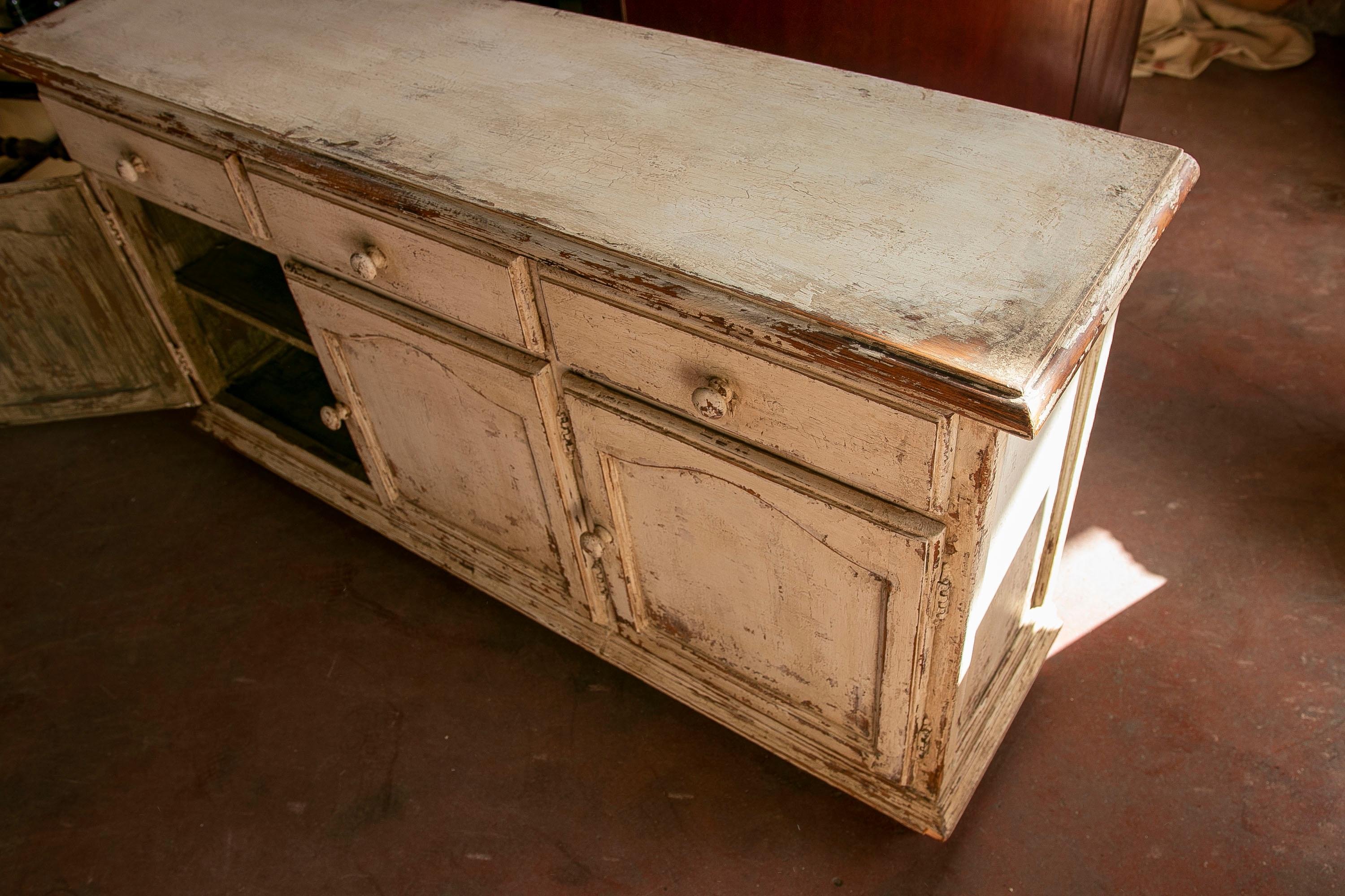 Wooden Sideboard with Doors and Drawers Painted in Antique White For Sale 9