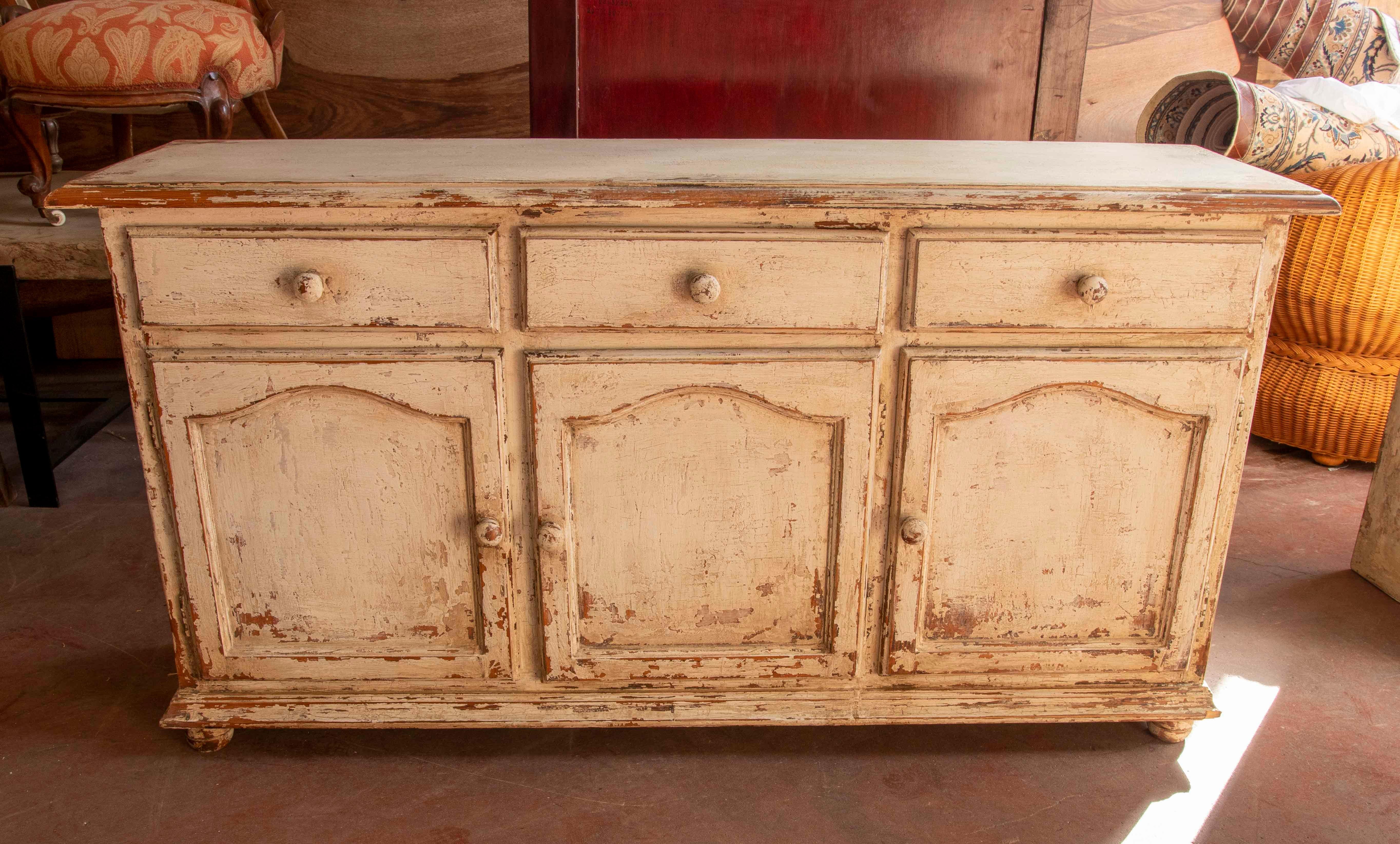 Spanish Wooden Sideboard with Doors and Drawers Painted in Antique White For Sale