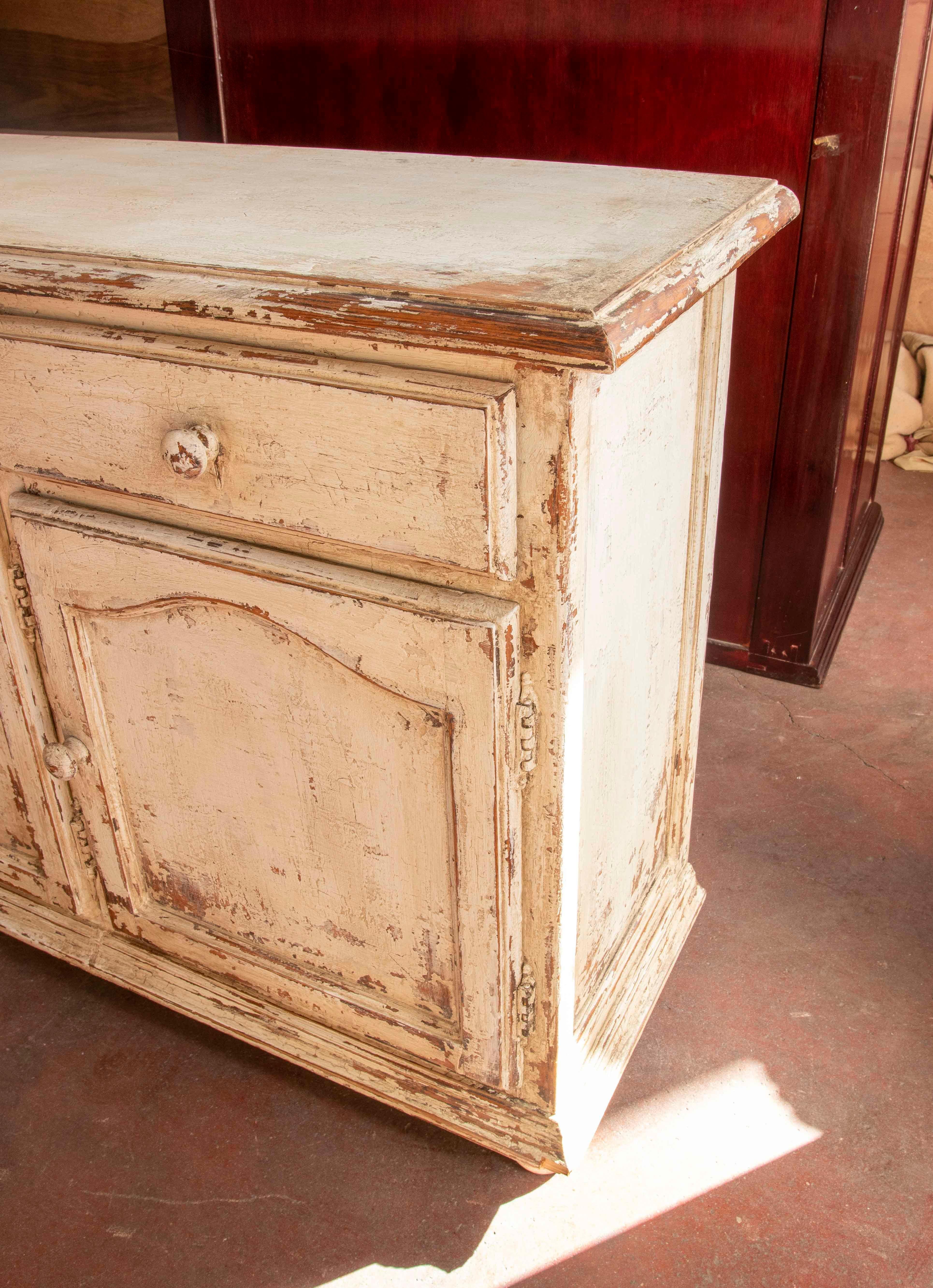 20th Century Wooden Sideboard with Doors and Drawers Painted in Antique White For Sale