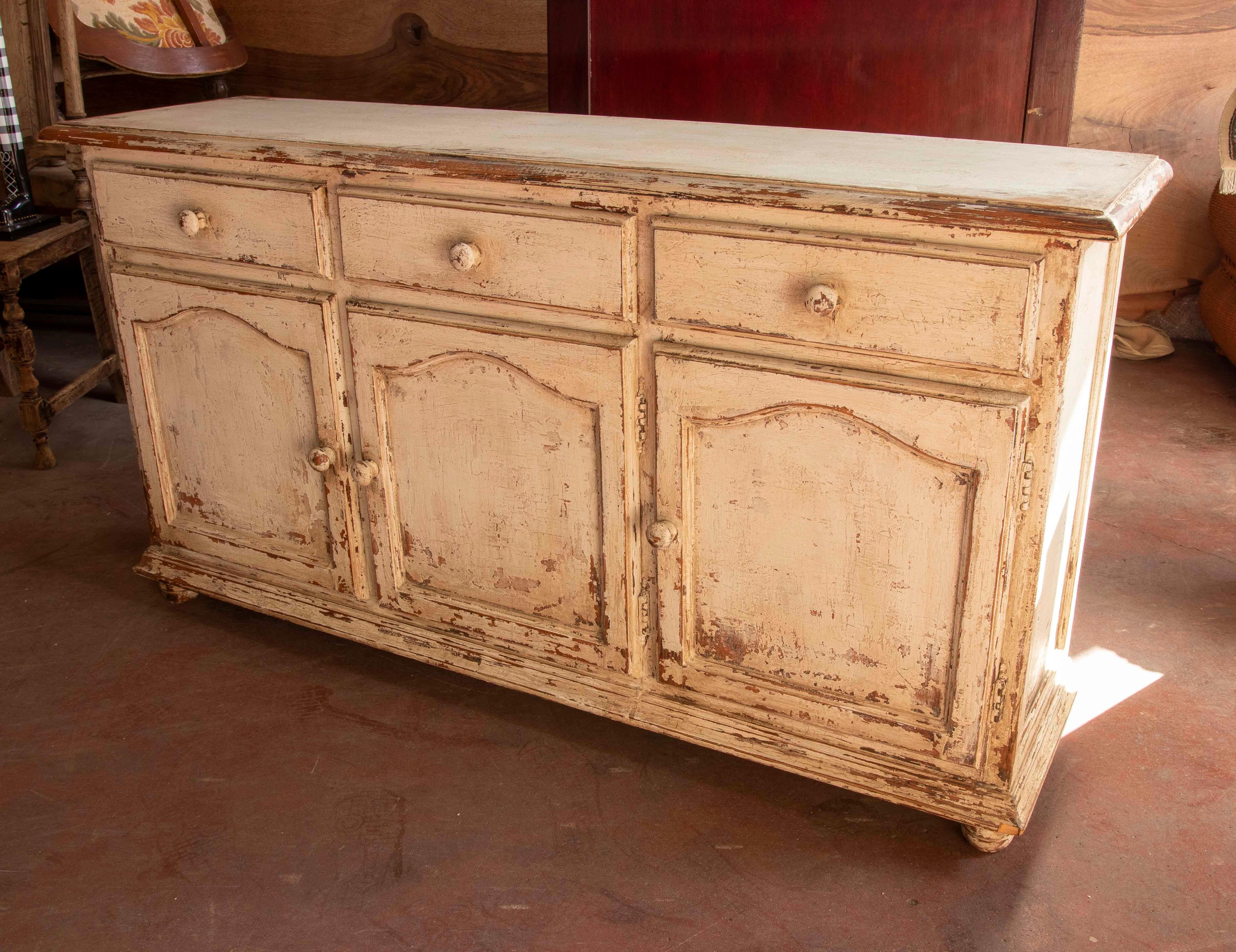 Wooden Sideboard with Doors and Drawers Painted in Antique White For Sale 4