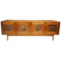 Wooden Sideboard with Handmade Leather Ornaments, 1970s Designer Piece