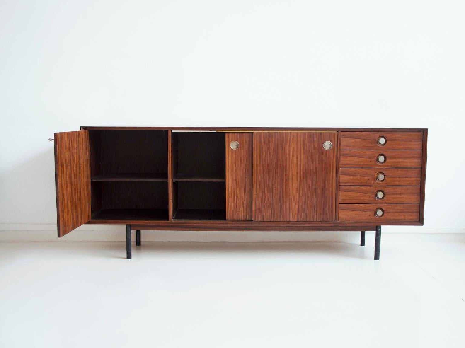 Mid-Century Modern Wooden Sideboard with White Sliding Door and Drawers, circa 1960 For Sale