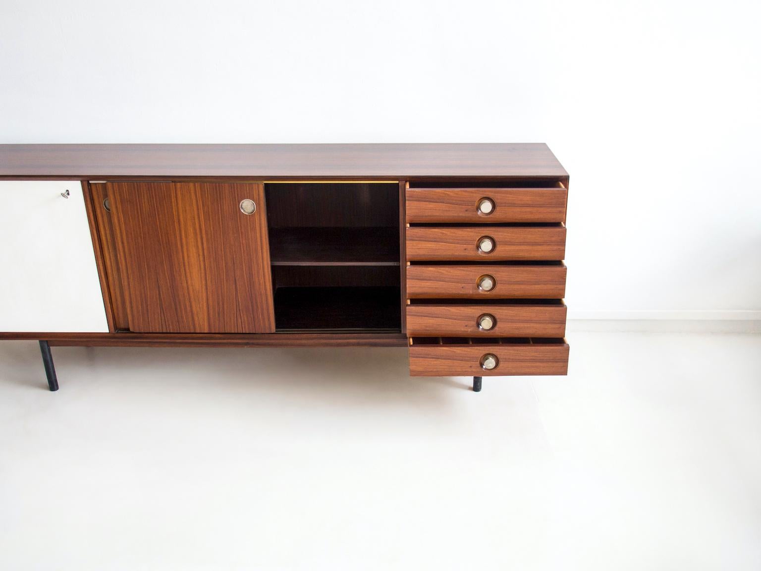 Mid-Century Modern Wooden Sideboard with White Sliding Door and Drawers, circa 1960 For Sale