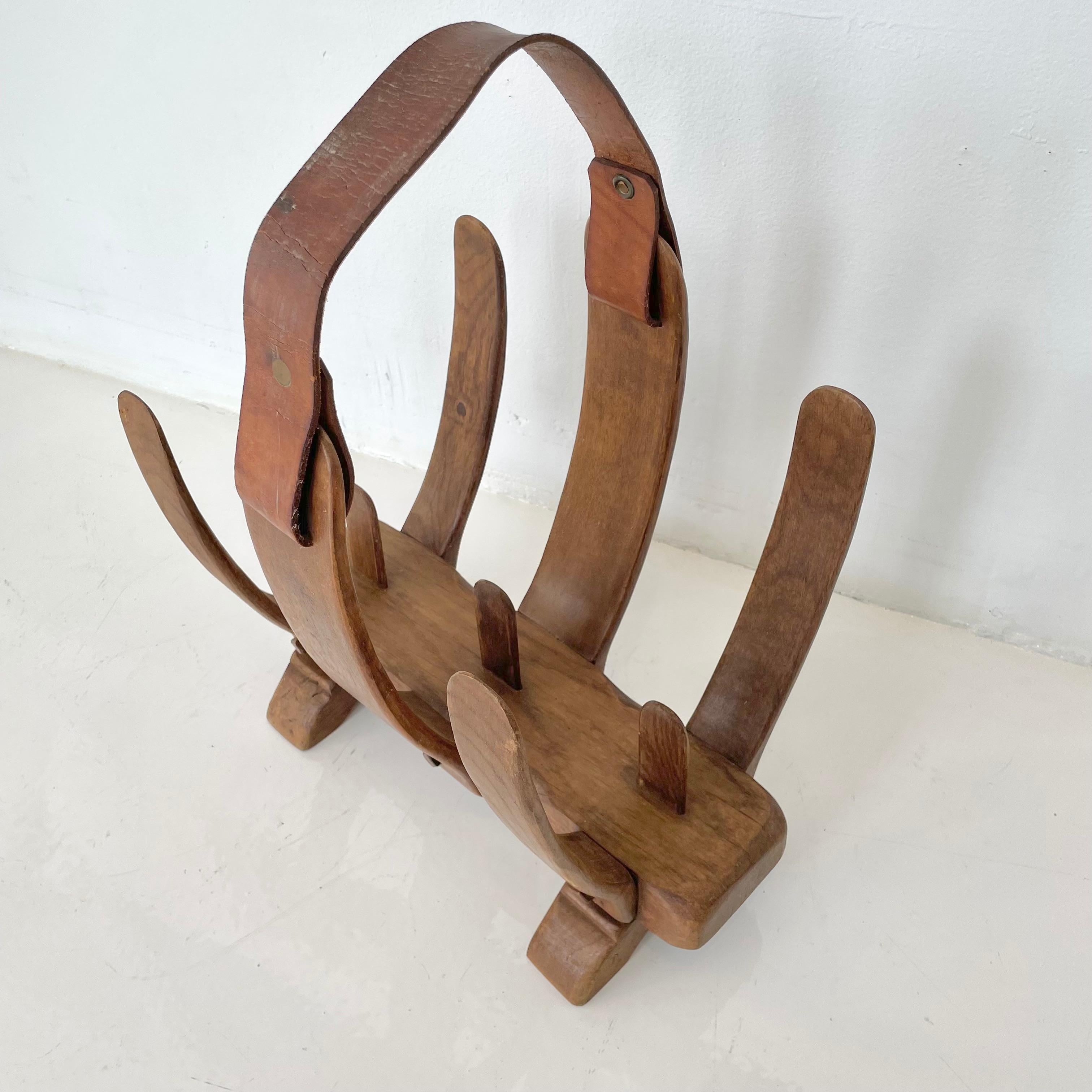 French Jacques Adnet Style Wooden Skeletal Magazine Rack  For Sale