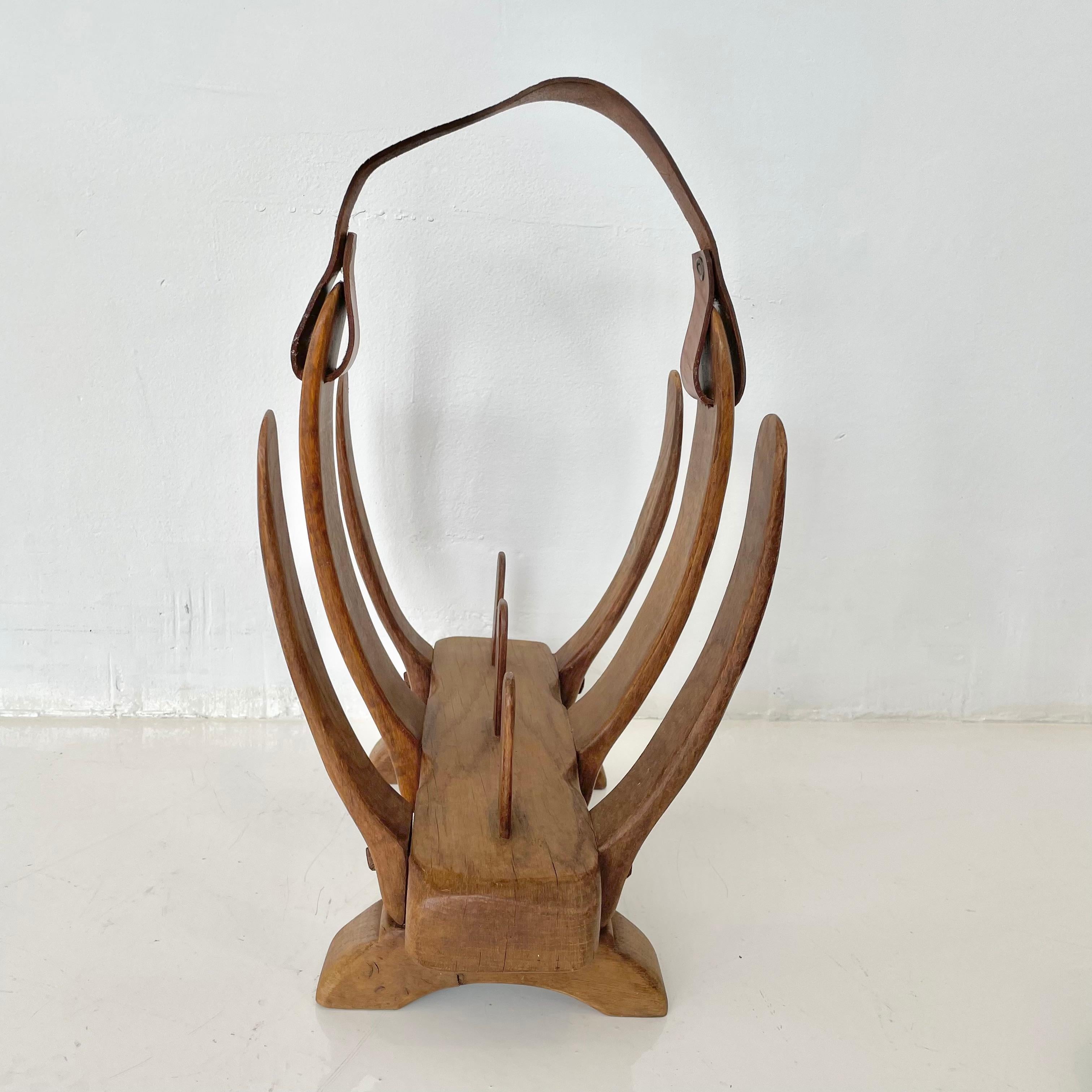 Leather Jacques Adnet Style Wooden Skeletal Magazine Rack  For Sale
