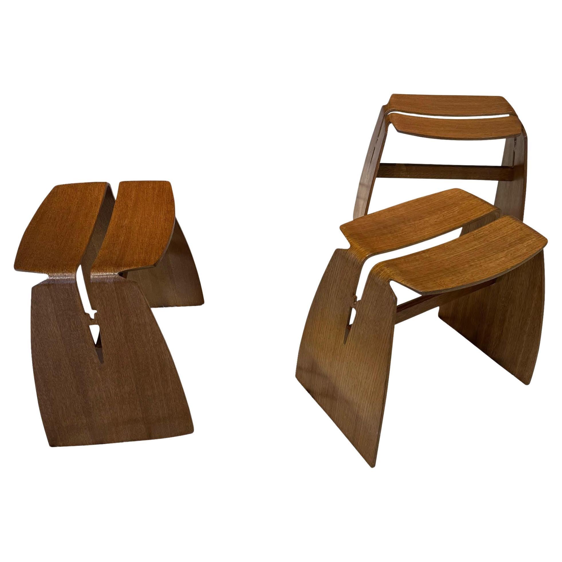 Wooden Split Seat Stool. France, Mid Century