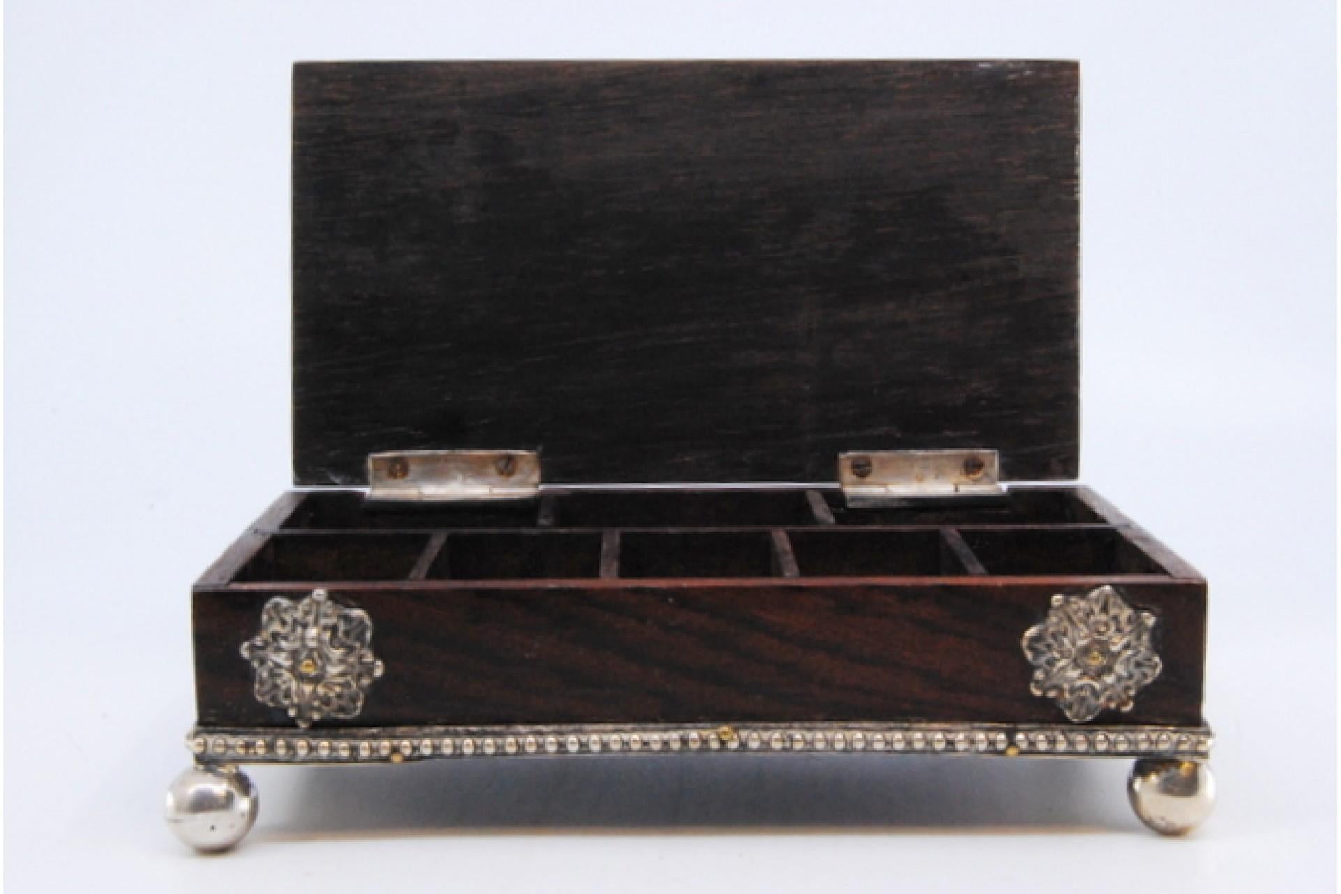European Wooden stamp box with silver applications on the casing and hinged lid For Sale