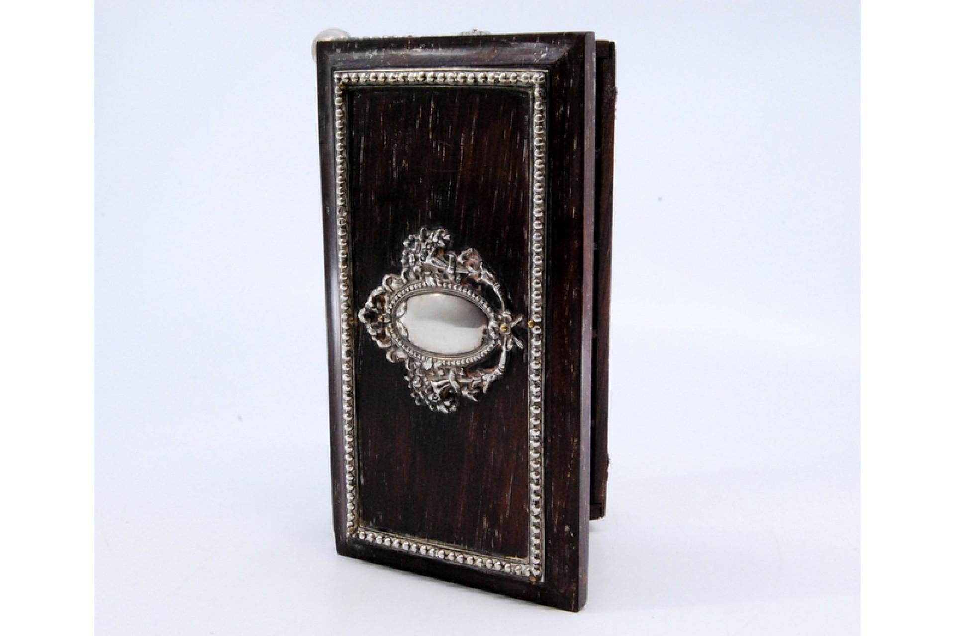 19th Century Wooden stamp box with silver applications on the casing and hinged lid For Sale
