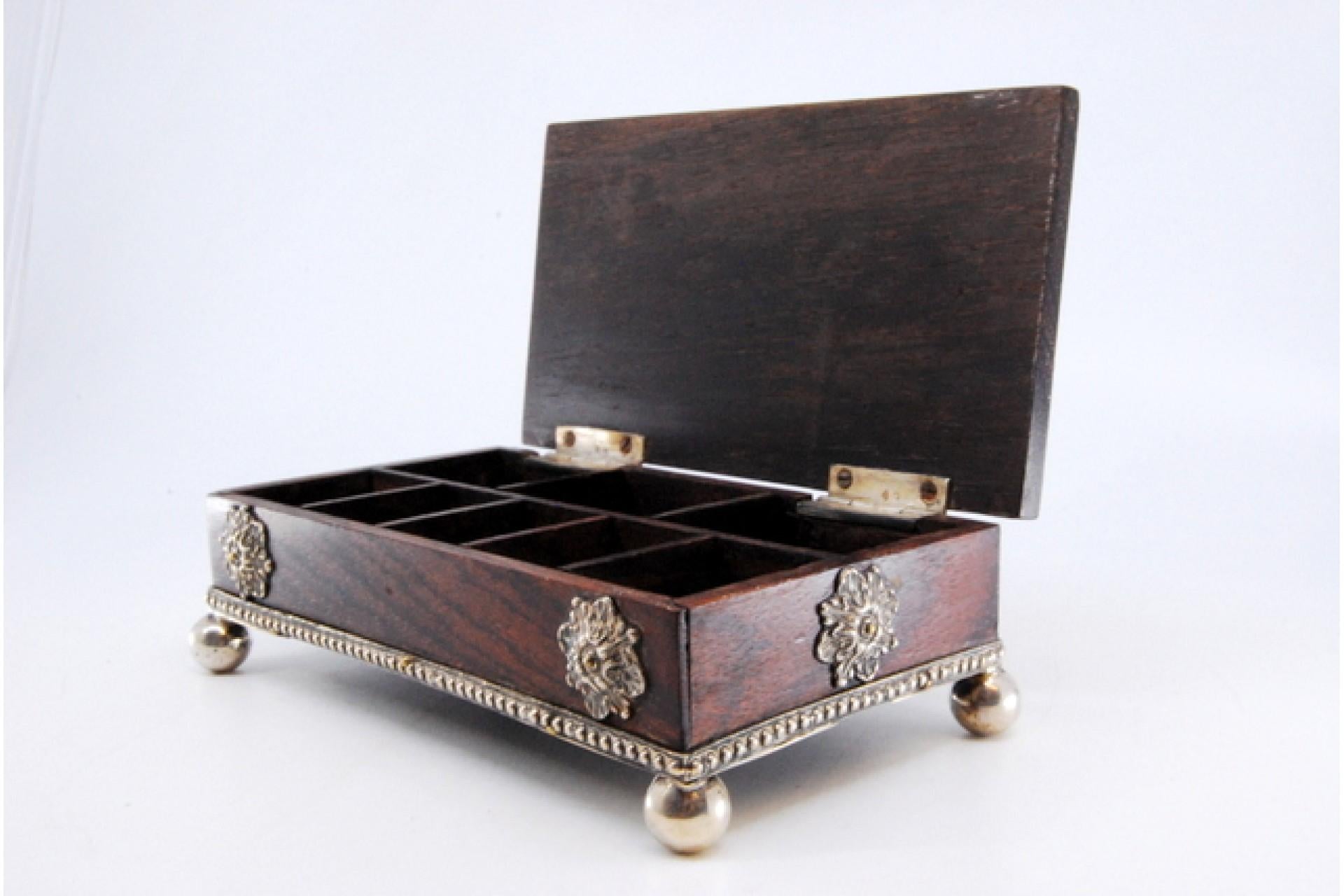 Wooden stamp box with silver applications on the casing and hinged lid For Sale 1