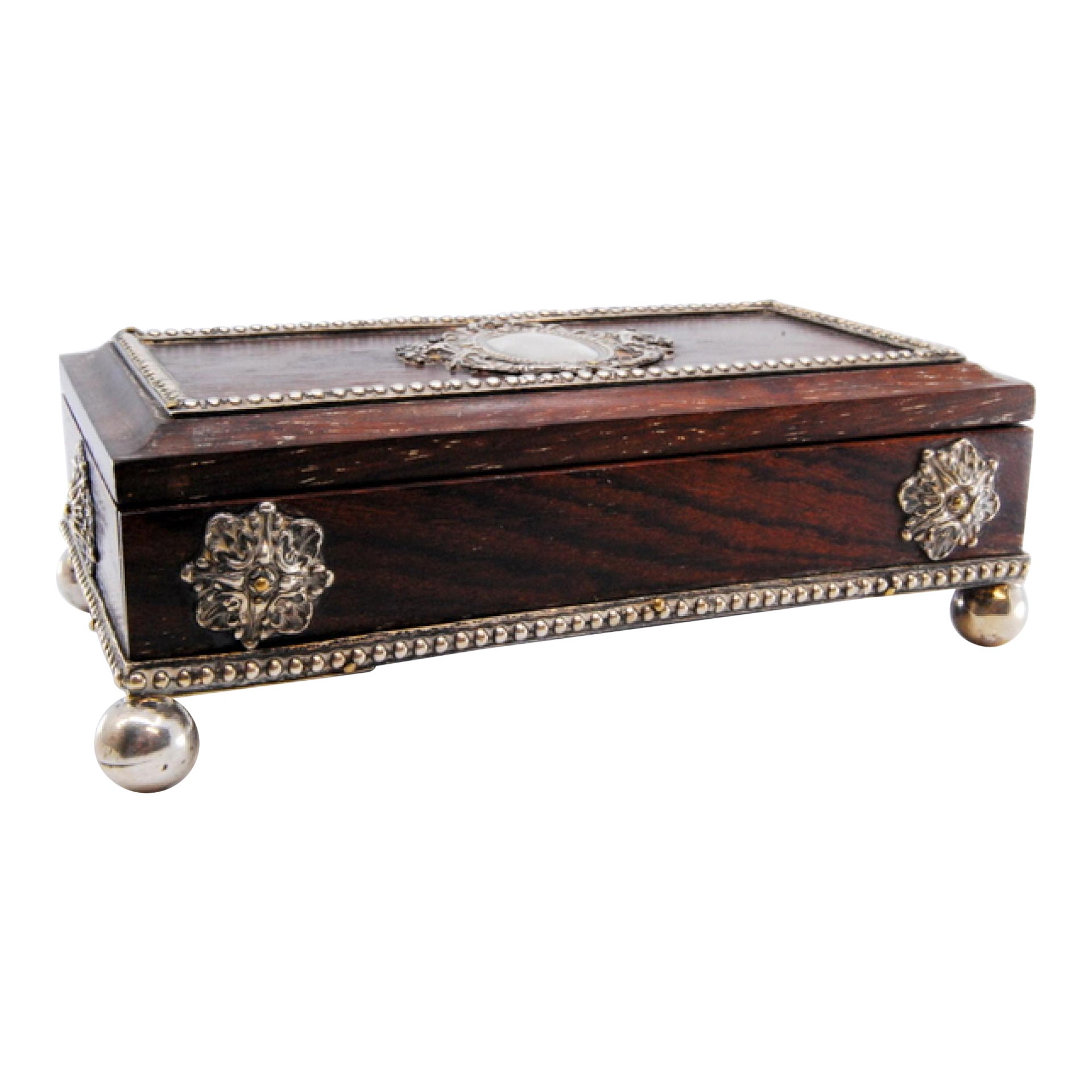 Wooden stamp box with silver applications on the casing and hinged lid