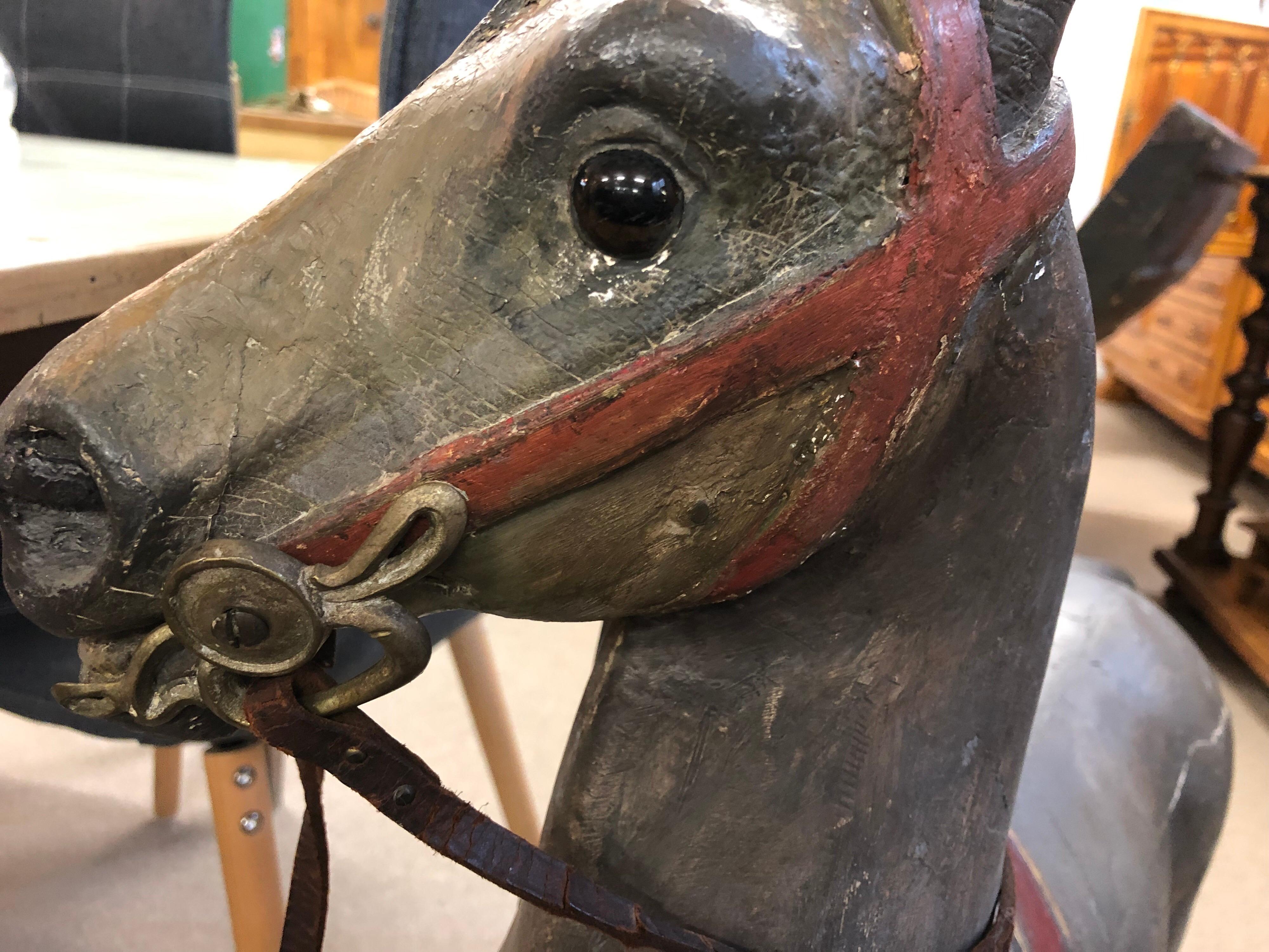 French Wooden Standing Grey Horse Leather Leash, 19th Century