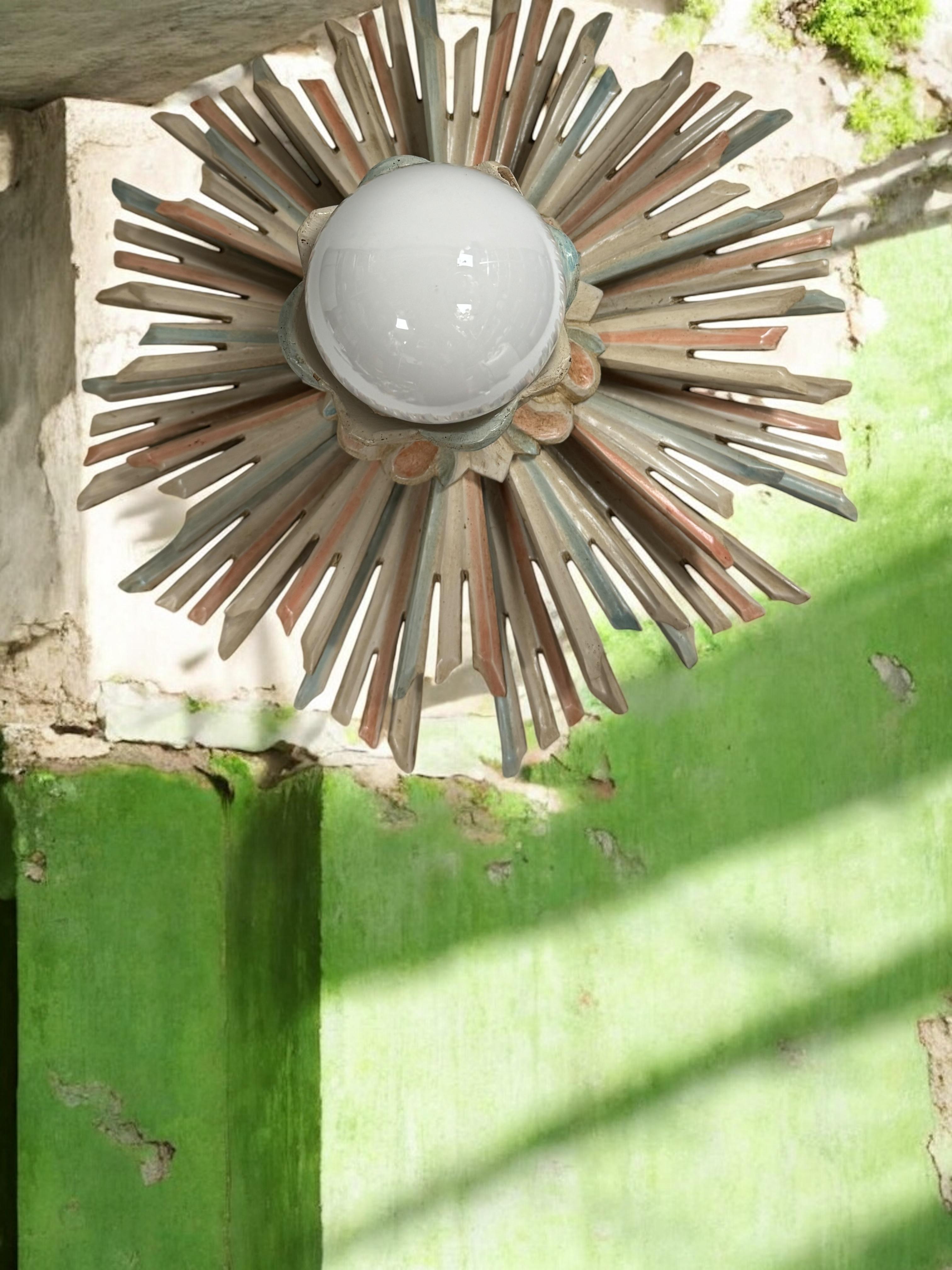 Wooden Starburst Sunburst Florentine Style Flush Mount Ceiling Light 1960s For Sale 5