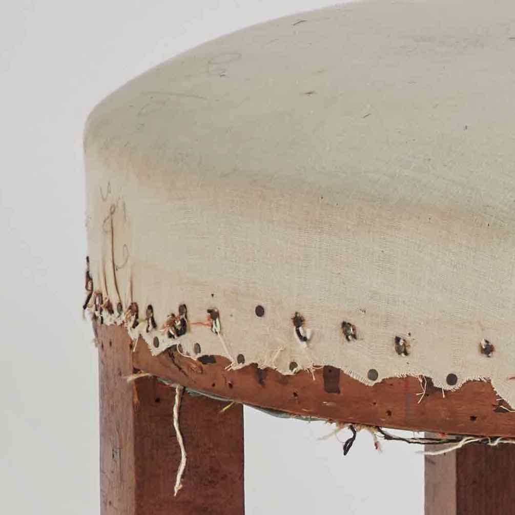 French Wooden Stool Upholstered in Linen from Late 19th Century France