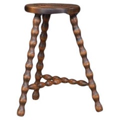 Wooden Stool with Beaded Legs in the Style of Charles Dudouyt, France 1950s