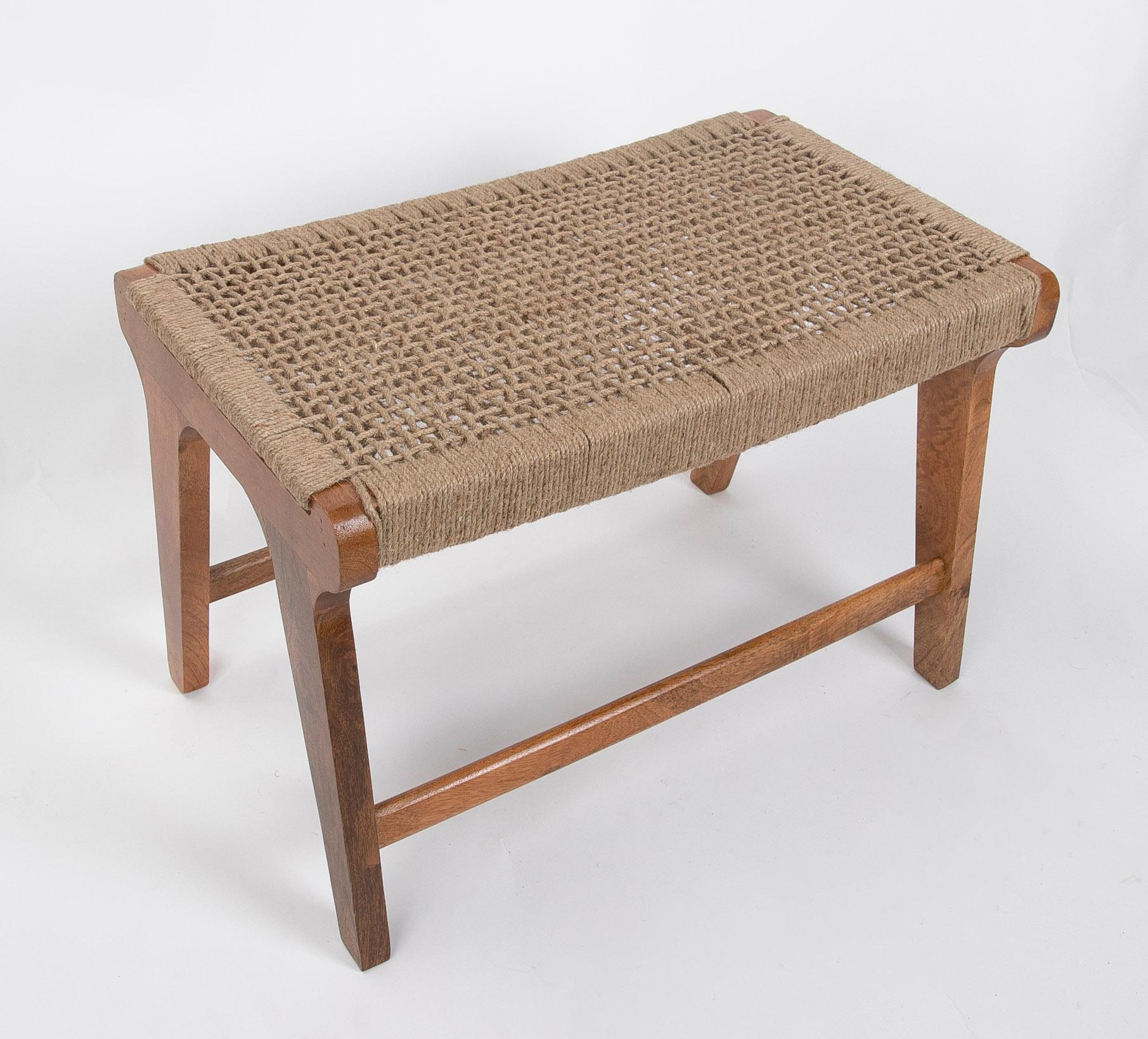 Spanish Wooden Stool with Hand-Braided Rope Seat For Sale