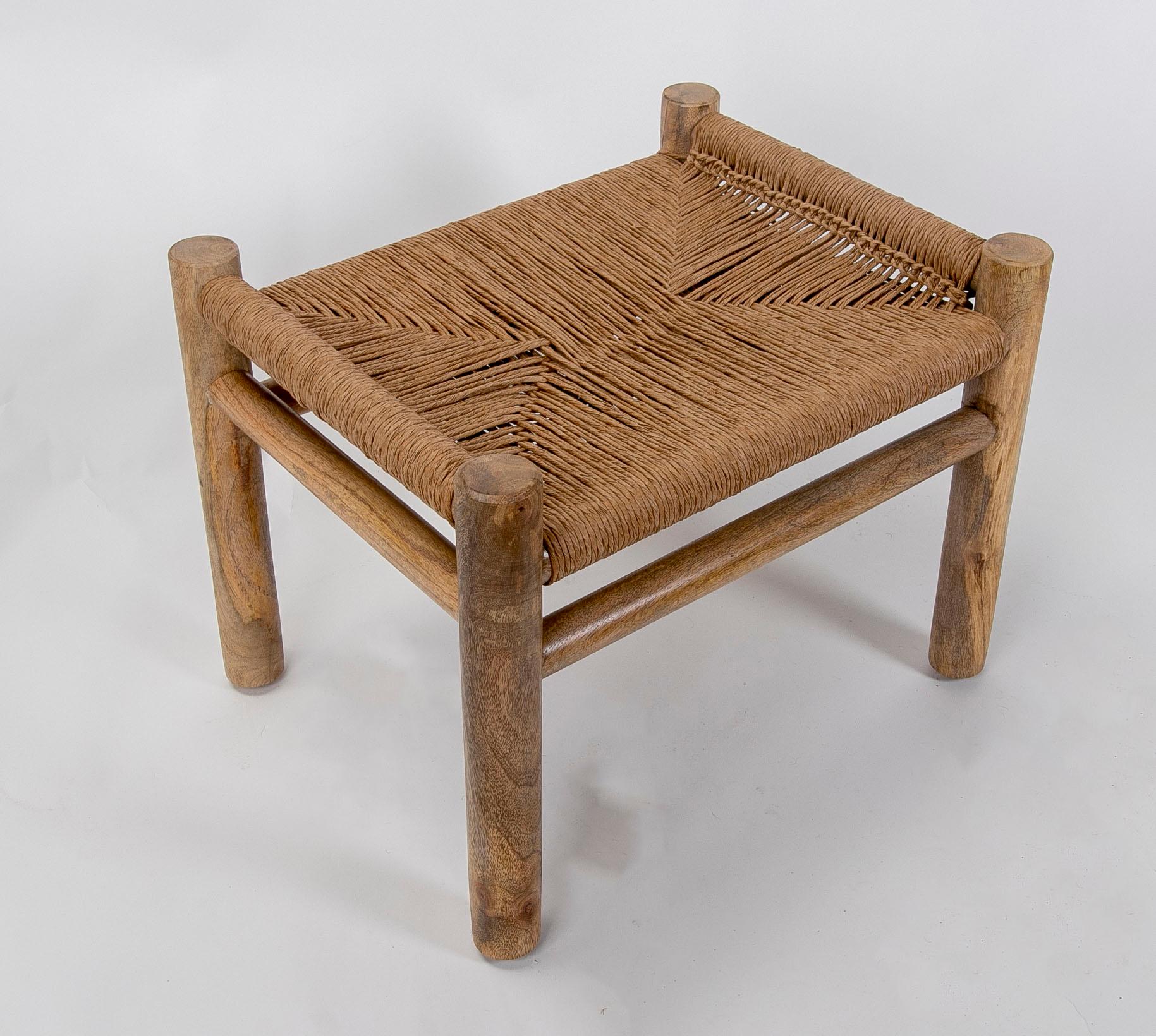 Spanish Wooden Stool with Hand-Braided Rope Seat For Sale