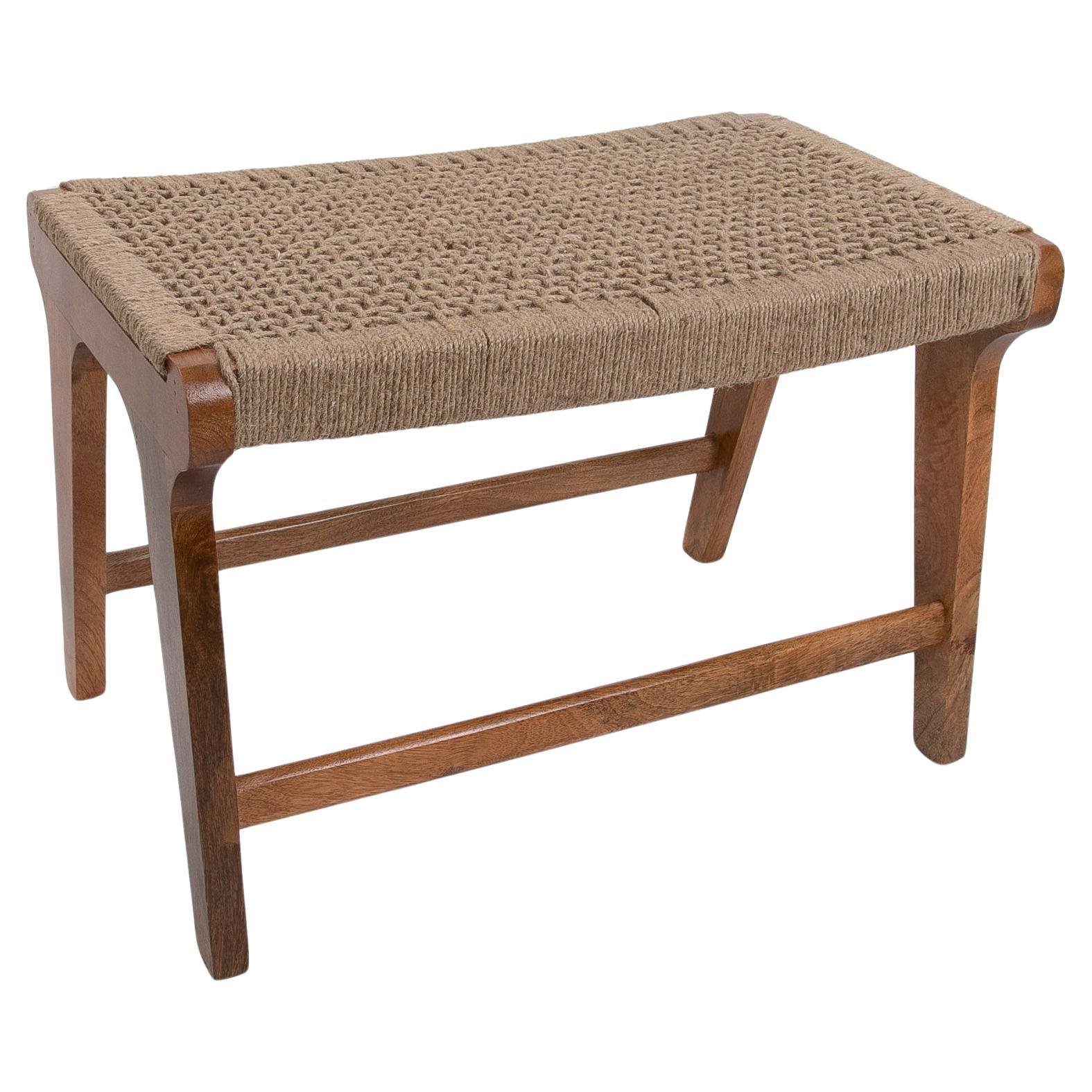 Wooden Stool with Hand-Braided Rope Seat