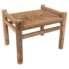 Retro Wooden Stool with Hand-Braided Rope Seat