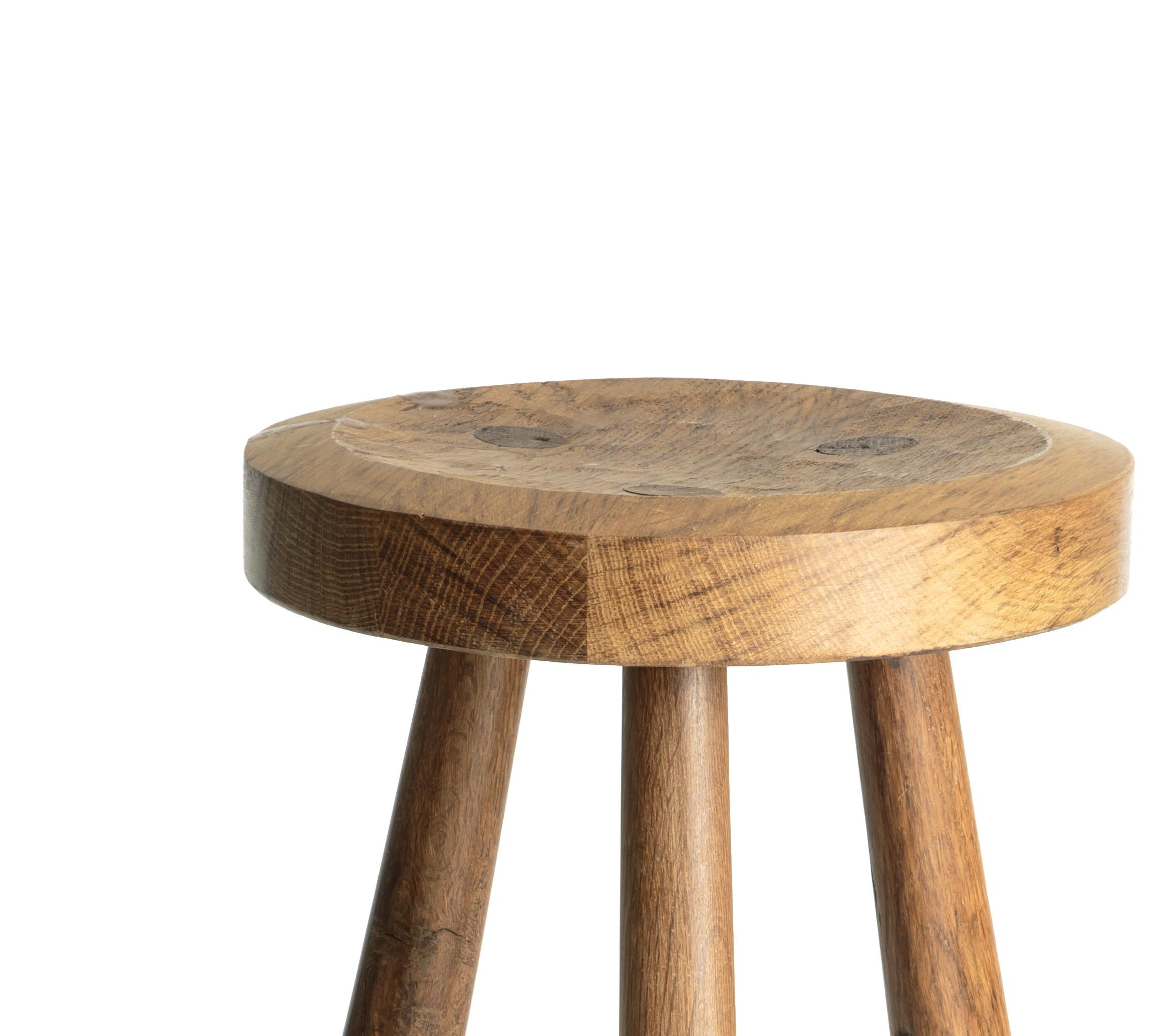 Mid-Century Modern Single Wooden Stool by Jean Touret and the Artisans of Marolles