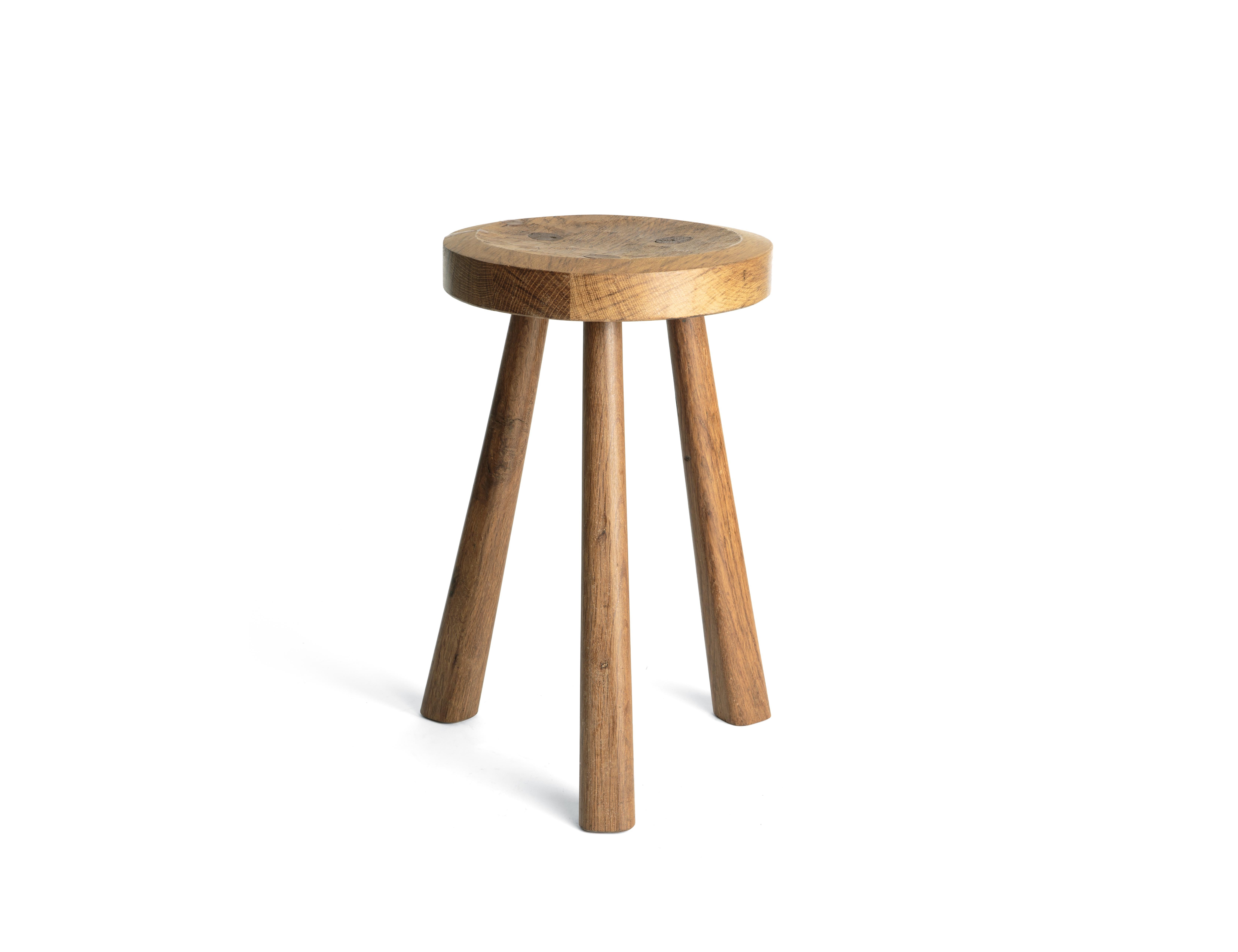 Hand-Carved Single Wooden Stool by Jean Touret and the Artisans of Marolles