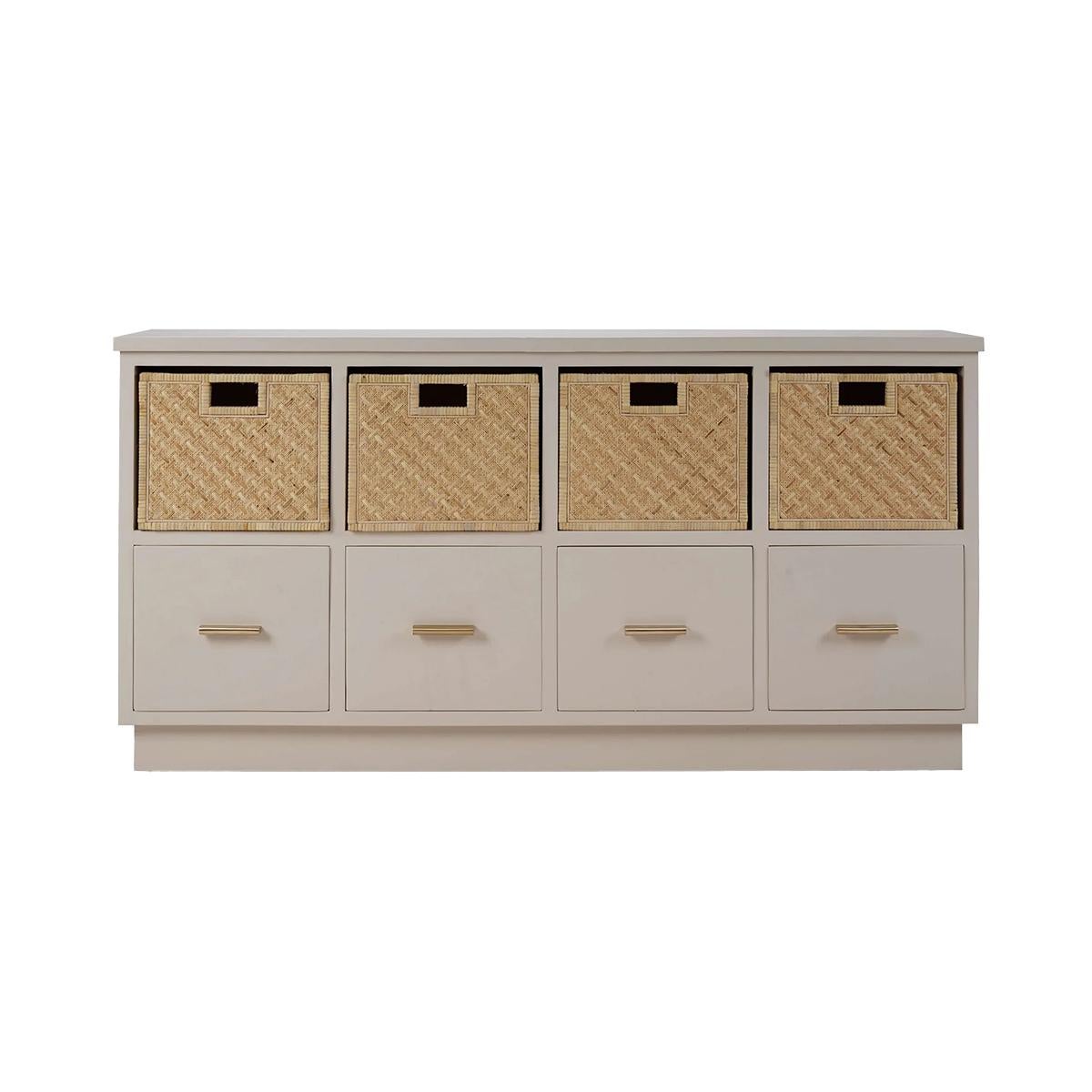 In a classic Putty Painted Finish thbat offers the perfect blend of rustic charm and modern functionality. Featuring four natural rattan baskets and four spacious drawers, this versatile piece keeps your home stylishly organized. The soft putty