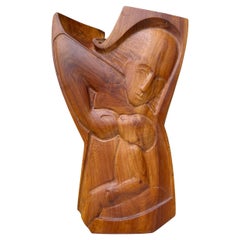 Wooden Swedish Tree Trunk Sculpture of Mother & Child, Hand-Tooled Piece Unique