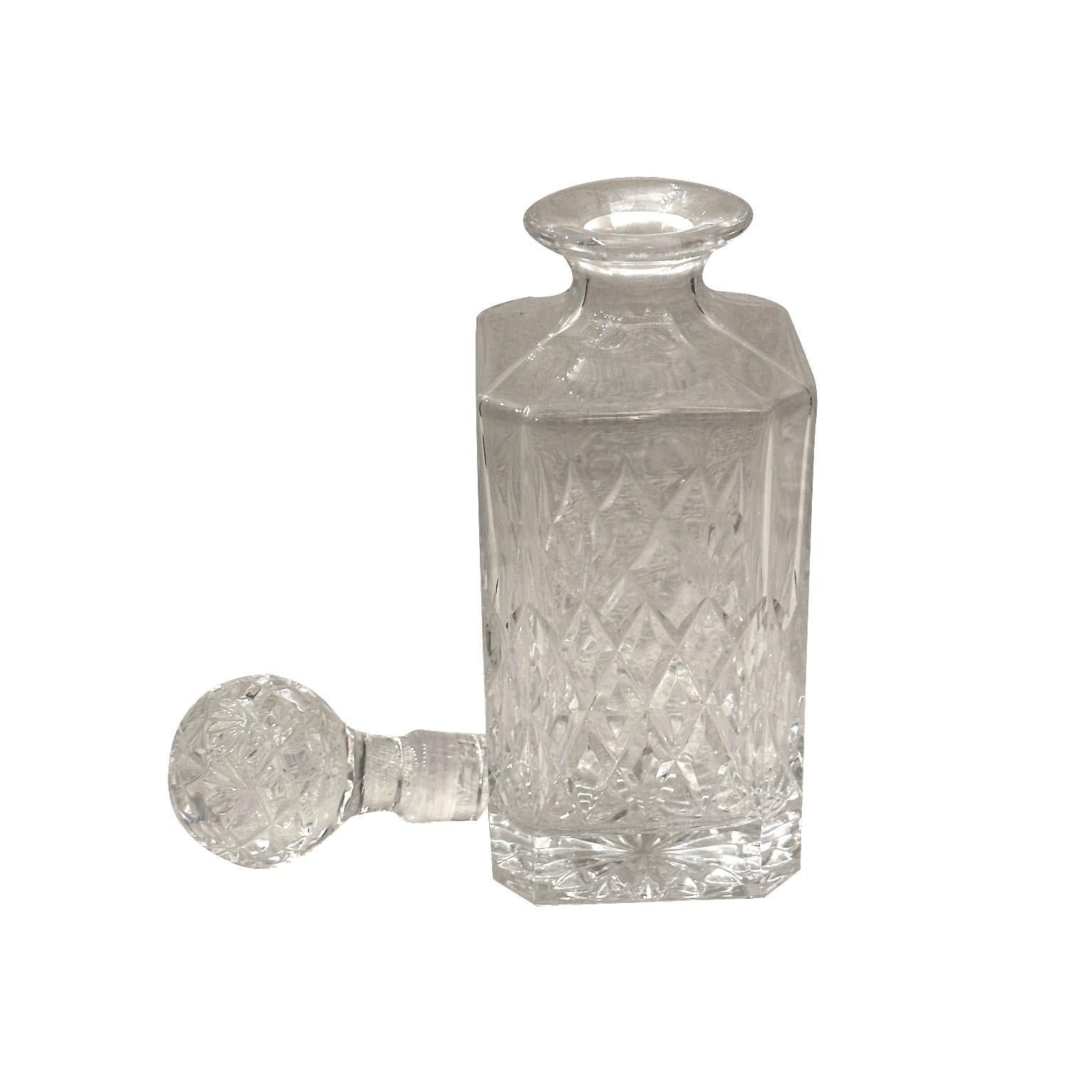 Silver Plate Tantalus wood silver plate close with a key & 3 Square cut crystal decanters, GB For Sale