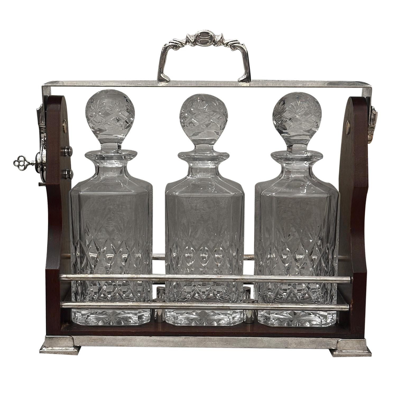 Tantalus wood silver plate close with a key & 3 Square cut crystal decanters, GB For Sale 1