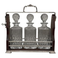 Tantalus wood silver plate close with a key & 3 Square cut crystal decanters, GB