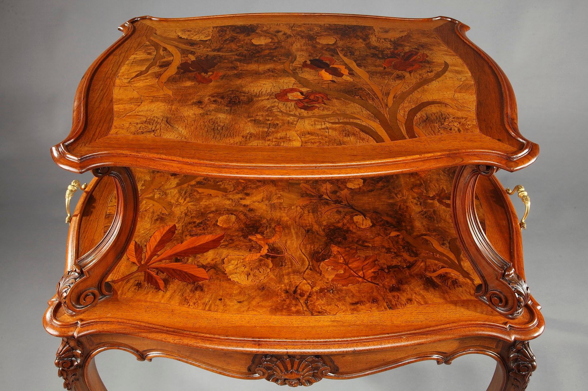 European Wooden Tea Table with Polychrome Marquetry Decoration, Art Nouveau Period