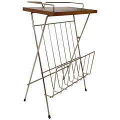 Wooden Teak and Brass Side Table with Magazine Rack Dutch Design from 1950s