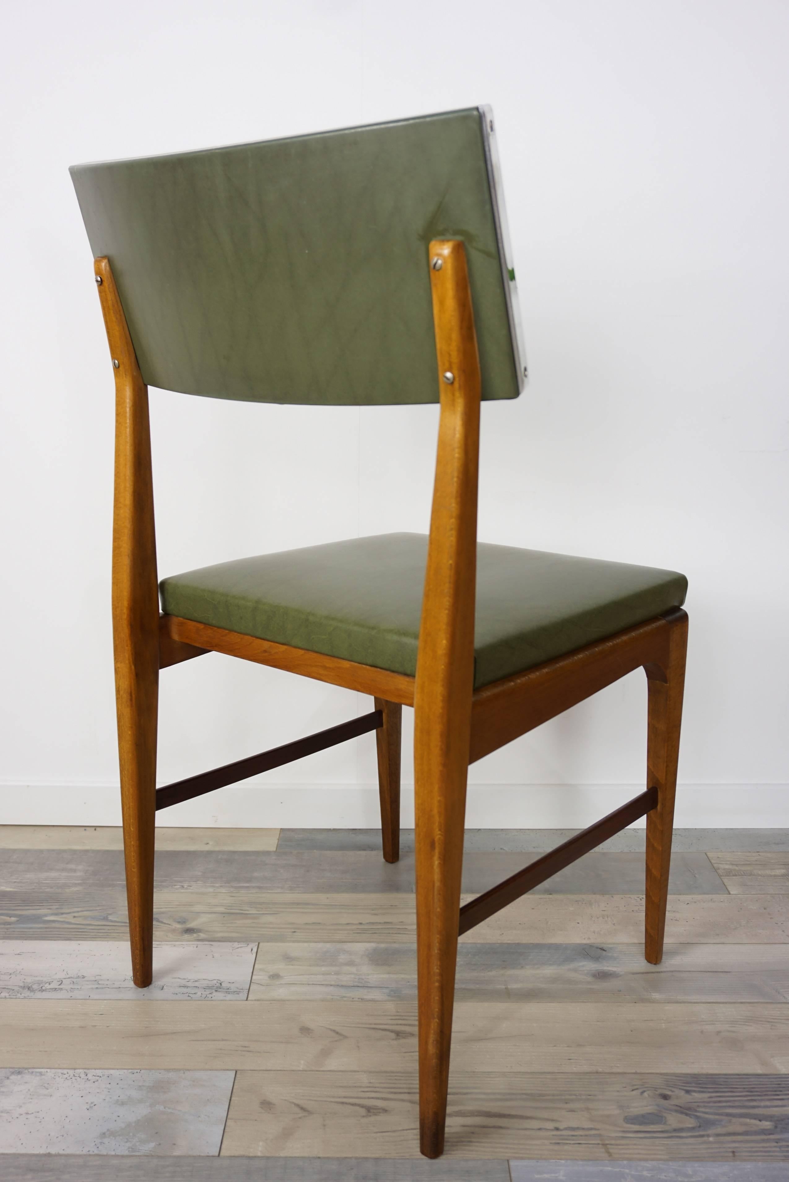 Belgian Wooden Teak and Green Faux Leather Scandinavian Style Dutch Design Chair