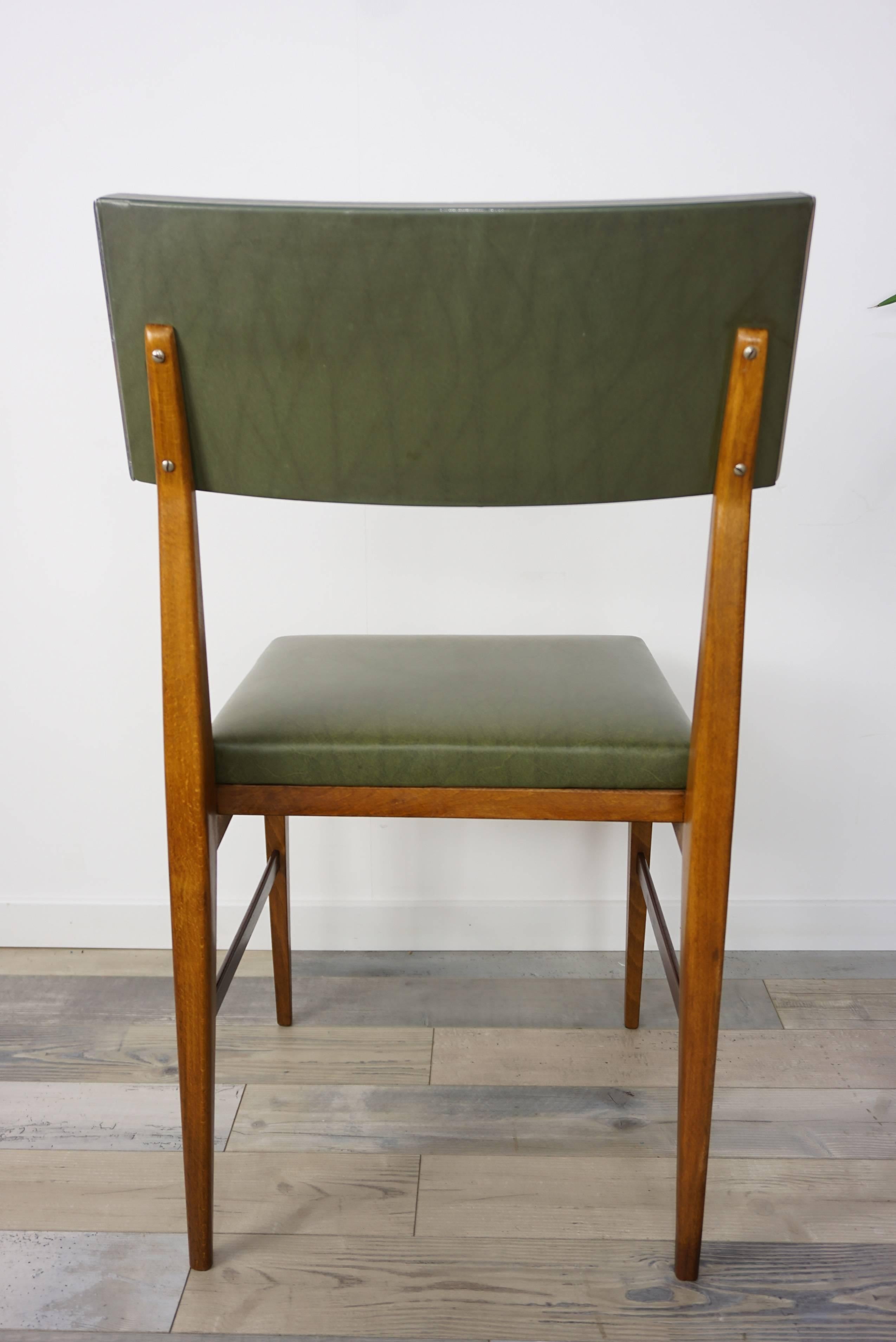 Wooden Teak and Green Faux Leather Scandinavian Style Dutch Design Chair In Excellent Condition In Tourcoing, FR