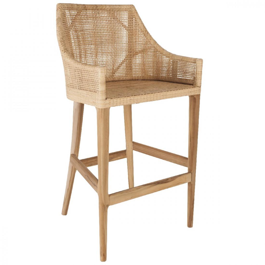 Sgabello da bar in legno di teak e rattan In condizioni Nuovo a Tourcoing, FR