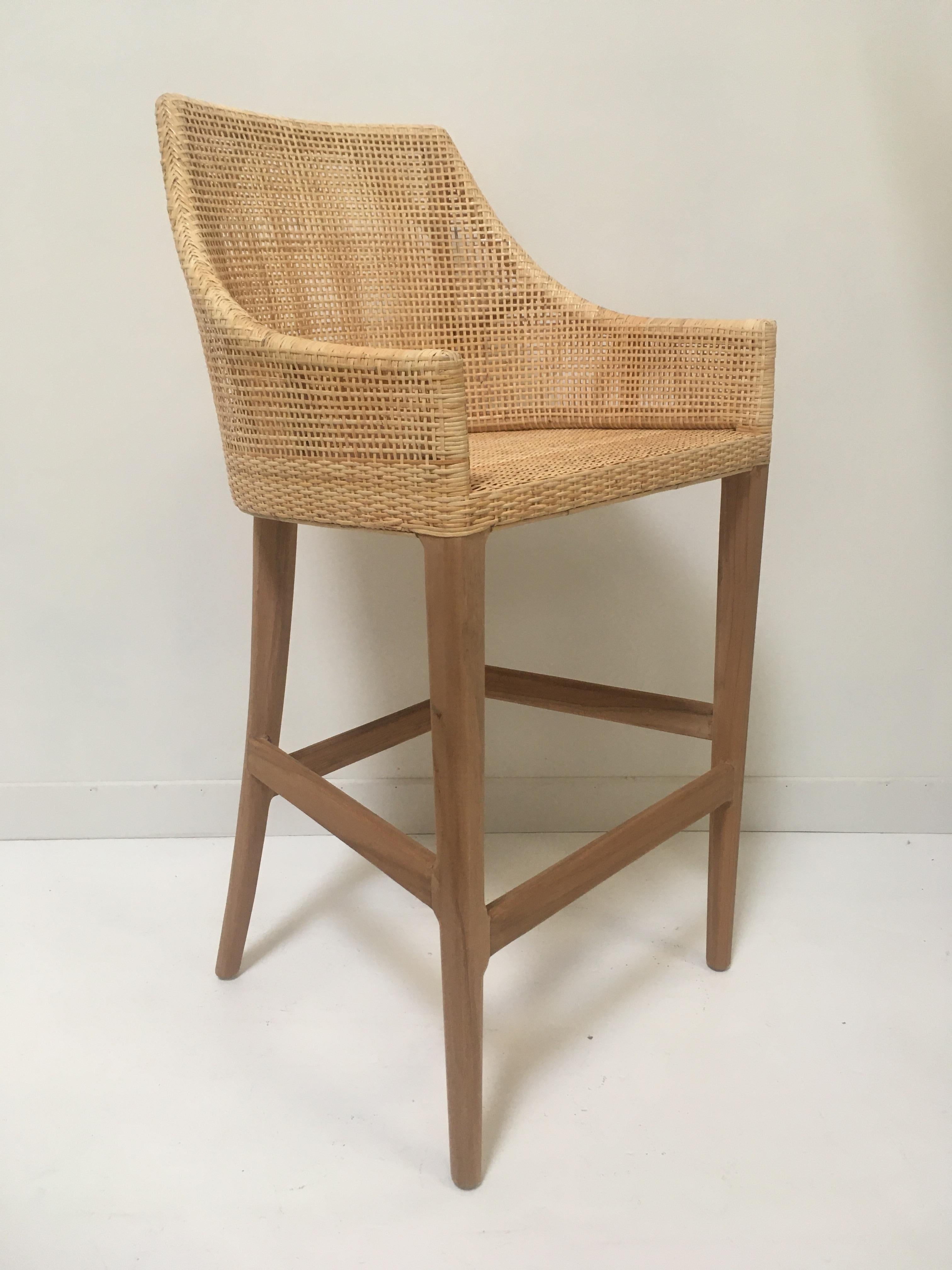 Wooden Teak and Rattan Bar Stool For Sale 1