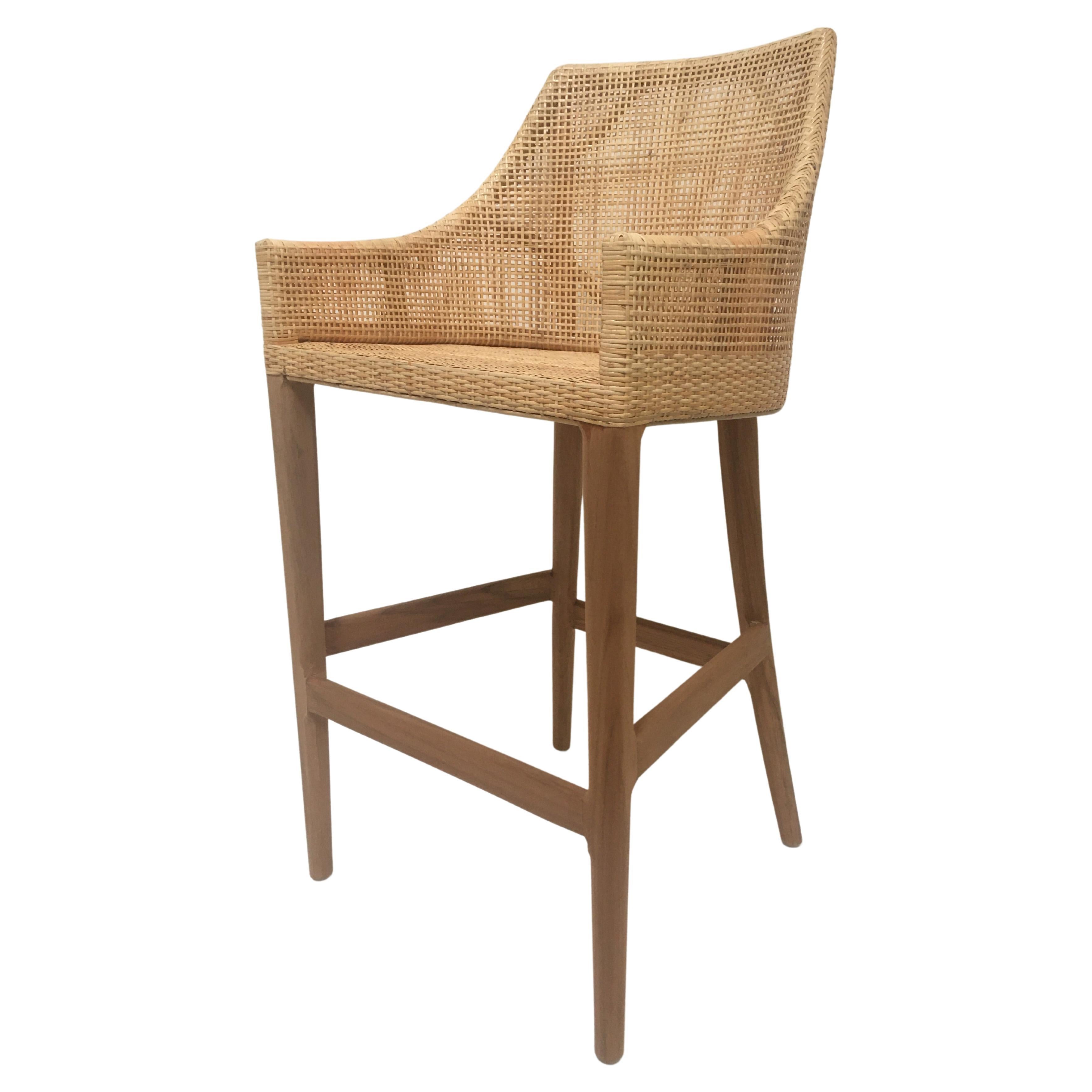 Wooden Teak and Rattan Bar Stool For Sale