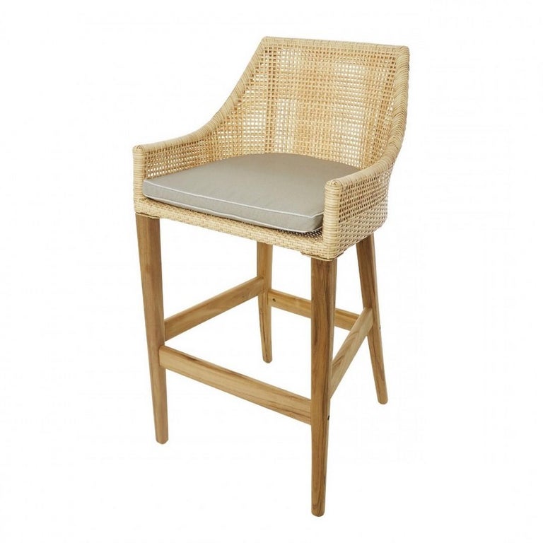 Wooden Teak and Resin Rattan Effect Outdoor Bar Stool For Sale at 1stDibs