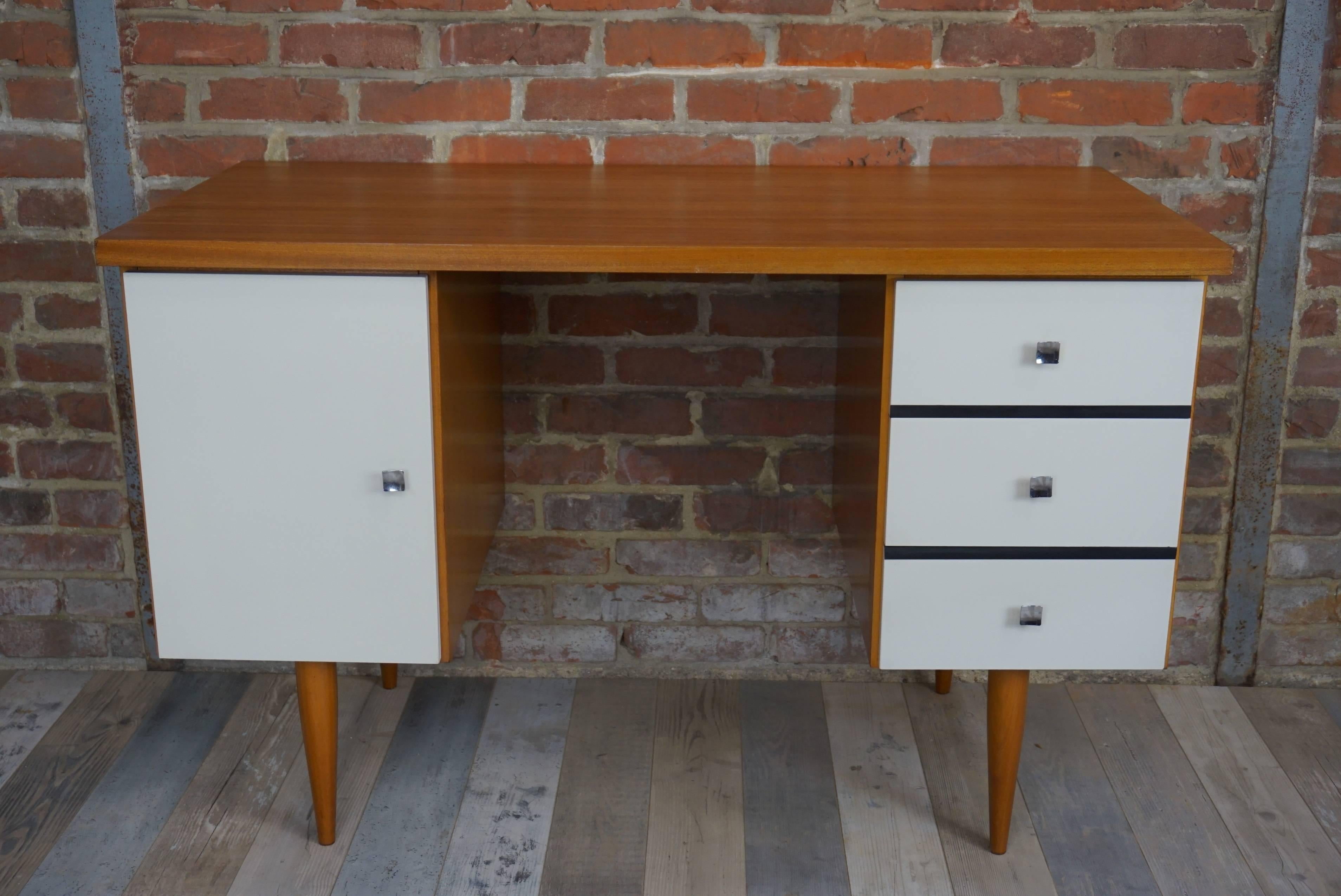 Mid-Century Modern Wooden Teak and White Lacquer Desk Design from the 1960s